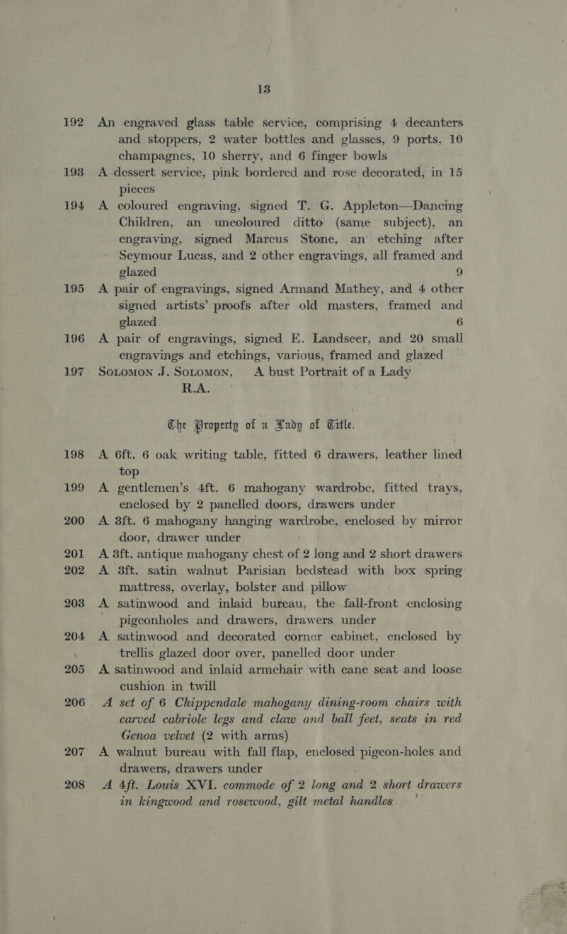 192 193 194 195 196 197 206 207 208 13 An engraved glass table service, comprising 4 decanters and stoppers, 2 water bottles and glasses, 9 ports, 10 champagnes, 10 sherry, and 6 finger bowls A dessert service, pink bordered and rose decorated, in 15 pieces A coloured engraving, signed T. G. Appleton—Dancing Children, an uncoloured ditto (same subject), an engraving, signed Marcus Stone, an’ etching after Seymour Lucas, and 2 other engravings, all framed and glazed 9 A pair of engravings, signed Armand Mathey, and 4 other signed artists’ proofs after old masters, framed and glazed 6 A pair of engravings, signed E. Landseer, and 20 small engravings and etchings, various, framed and glazed SoLomon .J.Sotomon, A bust Portrait of a Lady R.A. Che Property of x Xady of Title. A 6ft. 6 oak writing table, fitted 6 drawers, leather lined top A gentlemen’s 4ft. 6 mahogany wardrobe, fitted trays, enclosed by 2 panelled doors, drawers under 3 A 3ft. 6 mahogany hanging wardrobe, enclosed by mirror door, drawer under A 3ft. antique mahogany chest of 2 long and 2 short drawers A 3ft. satin walnut Parisian bedstead with box spring mattress, overlay, bolster and pillow A satinwood and inlaid bureau, the fall-front enclosing pigeonholes and drawers, drawers under A satinwood and decorated corner cabinet, enclosed by trellis glazed door over, panelled door under A satinwood and inlaid armchair with cane seat and loose cushion in twill A set of 6 Chippendale mahogany dining-room chairs with carved cabriole legs and claw and ball feet, seats in red Genoa velvet (2 with arms) A walnut bureau with fall flap, enclosed pigeon-holes and drawers, drawers under A Aft. Louis XVI. commode of 2 long and 2 short drawers in kingwood and rosewood, gilt metal handles gt