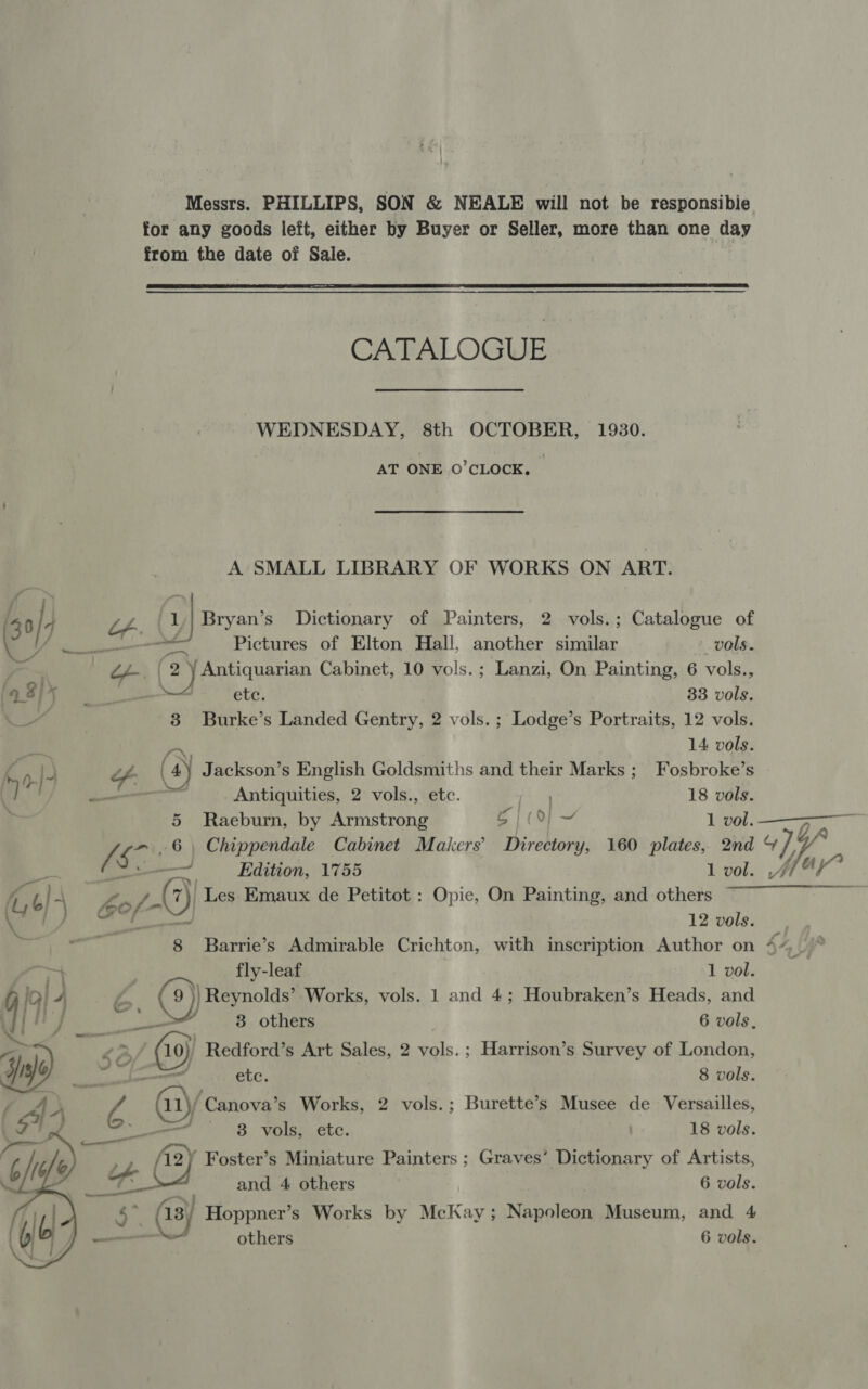 for any goods left, either by Buyer or Seller, more than one day from the date of Sale.  CATALOGUE WEDNESDAY, 8th OCTOBER, 1930. AT ONE O'CLOCK. A SMALL LIBRARY OF WORKS ON ART. e° 4 ce G Bryan’s Dictionary of Painters, 2 vols.; Catalogue of eae ie Pictures of Elton Hall, another similar vols. } = \ © 1) Antiquarian Cabinet, 10 vols. ; Lanzi, On Painting, 6 vols., 9 3)% etc, 33 vols. » ras 3 Burke’s Landed Gentry, 2 vols. ; Lodge’s Portraits, 12 vols. ada 14 vols. ey y (4) Jackson’s English oe. and their Marks; Fosbroke’s wha : Antiquities, 2 vol ‘ oe quities, 2 vols., etc. fin 18 vols. ¢ 5 Raeburn, by CR. gj} (0) ~ 1 vol. vA a -6 | Chippendale Cabinet Makers’ Directory, 160 plates, 2nd W,, a Edition, 1755 1 vol. A oe G0) 4 Aol @) Les Emaux de Petitot : Opie, On Painting, and others ~~ i e. 12 vols. fl ‘ 8 Barrie’s Admirable Crichton, with inscription Author on 441 fly-leaf 1 vol. | 9 )| Reynolds’ Works, vols. 1 and 4; Houbraken’s Heads, and oe 3 others 6 vols, 2/ (9) Redford’s Art Sales, 2 vols. ; Harrison’s Survey of London, ; etc. 8 vols. / ‘Canova’s Works, 2 vols.; Burette’s Musee de Versailles, ue eS Vals, etc. 18 vols. /i2Y Foster’s Miniature Painters ; Graves’ Dictionary of Artists, and 4 others , 6 vols. eee others 6 vols. 