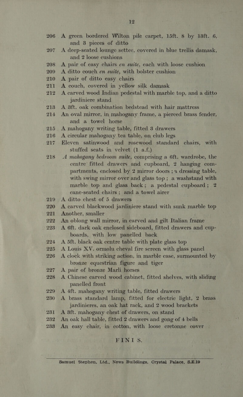 219 220 221 222 223 224 225 226 227 228 229 230 231 232 233 12 A green bordered Wilton pile carpet, 15ft. 8 by 13ft. 6, and 3 pieces of ditto A deep-seated lounge settee, covered in blue trellis damask, and 2 loose cushions A pair of easy chairs en suite, each with loose cushion A ditto couch en suite, with bolster cushion A pair of ditto easy chairs A couch, covered in yellow silk damask A carved wood Indian pedestal with marble top, and a ditto jardiniere stand A 3ft. oak combination bedstead with hair mattress An oval mirror, in mahogany frame, a pierced brass fender, and a towel horse A mahogany writing table, fitted 3 drawers A circular mahogany tea table, on club legs Eleven satinwood and rosewood standard chairs, with stuffed seats in velvet (1 .a.f.) A mahogany bedroom suite, comprising a 6ft. wardrobe, the centre fitted drawers and cupboard, 2 hanging com- partments, enclosed by 2 mirror doors ; a dressing table, with swing mirror over and glass top ; a washstand with marble top and glass back; a pedestal cupboard; 2 cane-seated chairs; and a towel airer A ditto chest of 5 drawers A carved blackwood jardiniere stand with sunk marble top Another, smaller An oblong wall mirror, in carved and gilt Italian frame A 6ft. dark oak enclosed sideboard, fitted drawers and cup- boards, with low panelled back A 5ft. black oak centre table with plate glass top A Louis XV. ormolu cheval fire screen with glass panel A clock with striking action, in marble case, surmounted by bronze equestrian figure and tiger A pair of bronze Marli horses A Chinese carved wood cabinet, fitted shelves, with sliding panelled front A 4ft. mahogany writing table, fitted drawers A brass standard lamp, fitted for electric light, 2 brass jardinieres, an oak hat rack, and 2 wood brackets A 3ft. mahogany chest of drawers, on stand An oak hall table, fitted 2 drawers and gong of 4 bells An easy chair, in cotton, with loose cretonne cover PENIS.