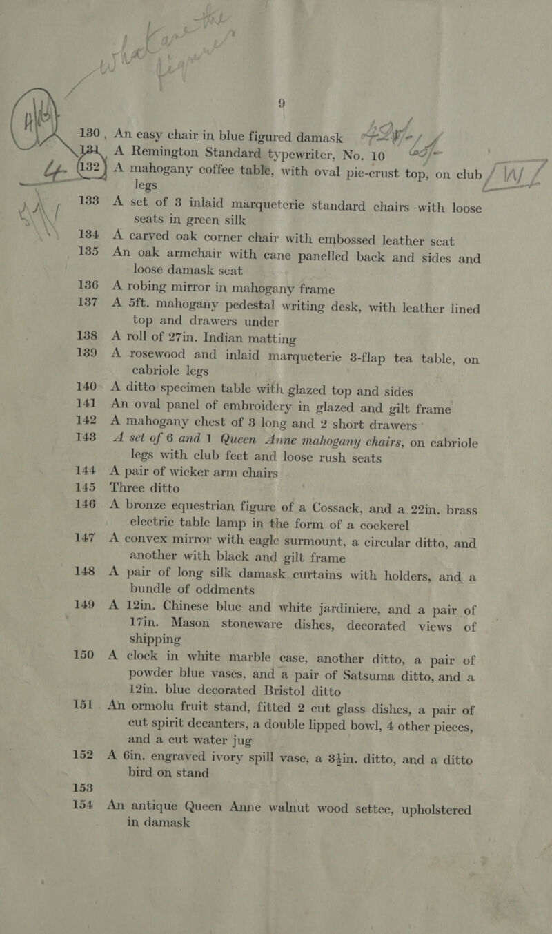 wf 130 , An easy chair in blue figured damask “y= We / A | A Remington Standard typewriter, No.10 “%¢/= / 132) A mahogany coffee table, with oval pie-crust top, on club / |/\/  ) A / 133 A set of 3 inlaid marqueterie standard chairs with loose \ \ seats in green silk \\ 184 A carved oak corner chair with embossed leather seat 185 An oak armchair with cane panelled back and sides and loose damask seat 136 A robing mirror in mahogany frame 137 A 5ft. mahogany pedestal writing desk, with leather lined top and drawers under 138 A roll of 27in. Indian matting | 139 A rosewood and inlaid marqueterie 3-flap tea table, on cabriole legs 140. A ditto specimen table with glazed top and sides 141 An oval panel of embroidery in glazed and gilt frame 142 A mahogany chest of 3 long and 2 short drawers - 143° A set of 6 and 1 Queen Anne mahogany chairs, on cabriole legs with club feet and loose rush seats 144 A pair of wicker arm chairs 145 Three ditto 146 A bronze equestrian figure of a Cossack, and a 22in. brass electric table lamp in the form of a cockerel 147 A convex mirror with eagle surmount, a circular ditto, and another with black and gilt frame 148 A pair of long silk damask curtains with holders, and a bundle of oddments 149 A 12in. Chinese blue and white jardiniere, and a pair of 17in. Mason stoneware dishes, decorated views of shipping 150 A clock in white marble case, another ditto, a pair of powder blue vases, and a pair of Satsuma ditto, and a 12in. blue decorated Bristol ditto 151 An ormolu fruit stand, fitted 2 cut glass dishes, a pair of cut spirit decanters, a double lipped bowl, 4 other pieces, and a cut water jug 152 A 6in. engraved ivory spill vase, a 33in. ditto, and a ditto bird on, stand 153 154 An antique Queen Anne walnut wood settee, upholstered in damask