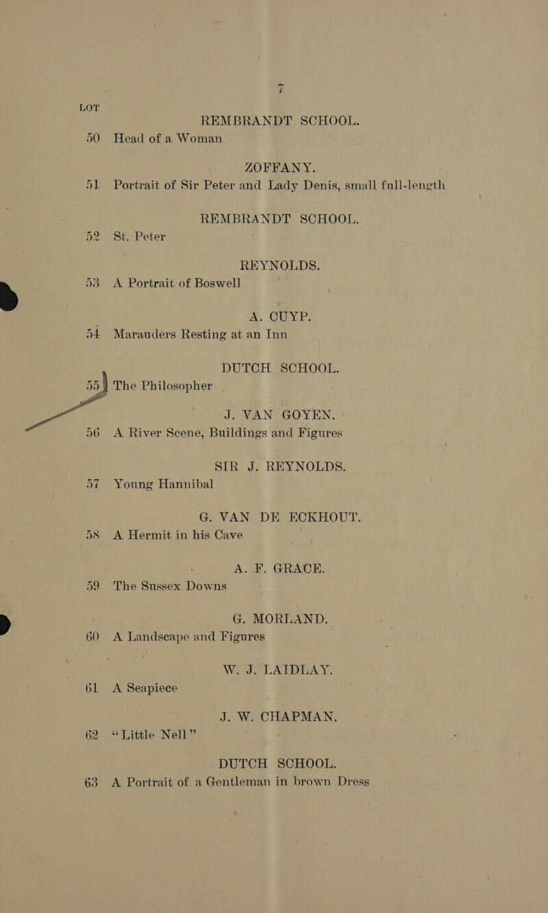 ~™ rf REMBRANDT SCHOOL. D0 Head of a Woman ZOFFANY. D1 Portrait of Sir Peter and Lady Denis, small full-length REMBRANDT SCHOOL. 52 St. Peter REYNOLDS. 53 <A Portrait of Boswell a. CYP: 24 Marauders Resting at an Inn DUTCH SCHOOL. 5) The Philosopher A oo J. VAN GOYEN. 56 A River Scene, Buildings and Figures SIR J. REYNOLDS. 97 Young Hannibal G: VAN DE ECKHOUT. 58 <A Hermit in his Cave A. F. GRACE. 59 =The Sussex Downs , G. MORLAND. 60 <A Landscape and Figures W. J. LAIDLAY. 61 <A Seapiece J. W. CHAPMAN. 62 “Little Nell” DUTCH SCHOOL. 63 A Portrait of a Gentleman in brown Dress