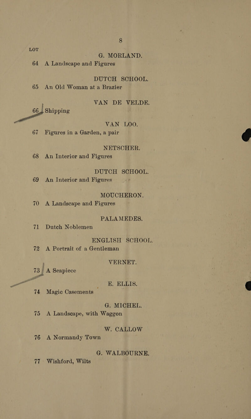 LOT G. MORLAND. 64 A Landscape and Figures DUTCH SCHOOL. 65 An Old Woman at a Brazier : eae a VAN LOO. 67 Figures in a Garden, a pair VAN DE VELDE.  NETSCHER. 68 An Interior and Figures DUTCH SCHOOL. 69 An Interior and Figures MOUCHERON. 70 A Landscape and Figures PALA MEDES. 71 Dutch Noblemen ENGLISH SCHOOL. 72 A Portrait of a Gentleman  ; VERNET. 73) A Seapiece | E. ELLIS. 74 Magic Casements | G. MICHEL. 75 A Landscape, with Waggon . W. CALLOW 76 A Normandy Town G. WALBOURNE, 77. ~Wishford, Wilts