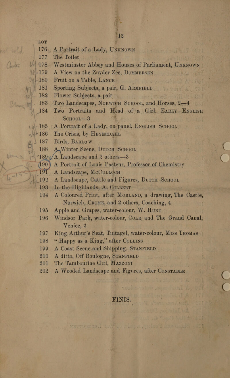 »* 186 Al S 187 ait, 188 (21-189 The Toilet A View on the Zuyder Zee, DoMMERSEN Fruit on a Table, Lancs . Sporting Subjects, a pair, G. ARMFIELD | Flower Subjects, a pair Two Portraits and Head of a .Girl,. Harty-.. ENcLisH ScHOOL—3 ae eae A Portrait of a Lady, on panel, ENGLISH SCHOOL The Crisis, by HEYERDAHL | Birds, BARLOW | Winter Scene, Durca ScHoou A Landscape and 2 others—3 yo 19 ‘hh192 193 194 195 196 197 198 199 200 201 202 A Landscape, McCuLucon A Landscape, Cattle and Figures, Durcn Scuoo In the Highlands, A. GinpEert A Coloured Print, after Mortanp, a drawing, The Castle, Norwich, Crome, and 2 others, Coaching, 4 Apple and Grapes, water-colour, W. Hunt Windsor Park, water-colour, Cote, and The Grand Canal, Venice, 2 King Arthur’s Seat, Tintagel, water-colour, Miss THomas | « Happy as a King,” after CoLzins A Coast Scene and Shipping, STANFIELD A ditto, Off Boulogne, STANFIELD The Tambourine Girl, Mazzoni | A Wooded Landscape and Figures, after Chivciaimi FINIS. cr a
