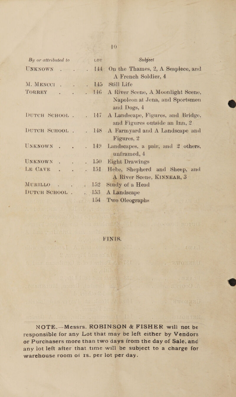 By or attributed to LOT Subject UNKNOWN . ; . {44 On the Thames, 2, A Seapiece, and A French Soldier, 4 M. MENCCI . . 145 Still Life TORREY : : . 146 A River Scene, A Moonlight Scene, Napoleon at Jena, and Sportsmen and Dogs, 4 DUTCH SCHOOL . . 147 A Landscape, Figures, and Bridge, and Figures outside an Inn, 2 DUTCH SCHOOL . . 143 A Farmyard and A Landscape and Figures, 2 UNKNOWN . . . 149 Landscapes, a pair, and 2 others, unframed, 4 UNKNOWN . . 150. Hight Drawings Le CavE . . . 151 Hehe, Shepherd and Sheep, and A River Scene, KINNEAR, 3 MURILLO, . . .. 152 Stady of 2 Head DUTCH SCHOOL . . 153 A Landscape 154 'T'we Oleographs FINIS. NOTE.—Messrs. ROBINSON & FISHER will not be responsible for any Lot that may be left either by Vendors or Purchasers more than two days from the day of Sale, ana any lot left after that time will be subject to a charge for warehouse room of Is. per lot per day.
