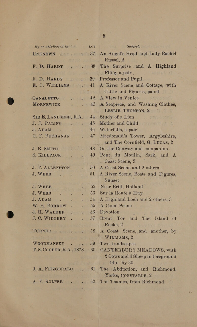 UNKNOWN F. D. HARDY B.D. HaRDyY K. C. WILLIAMS CANALETTO MORNEWICK Str EK. LANDSEER, R.A. J. J. PALING J. ADAM G. F. BUCHANAN J. B. SMITH S. KILLPACK J. T. ALLENSTON J. WEBB J. WEBB J. WEBB J. ADAM W. H. BORROW J. H. WALKER J. O. WIDGERY WOODMANSEY J. A, FITZGERALD A. F, ROLFER 42 45 An Angel’s Head and Lady Rachel Russel, 2 The Surprise and A Highland Fling, a.pair . Professor and Pupil A River Scene, and Cottage, with Cattle and Figures, panel A View in Venice A Seapiece, and Washing Clothes, LESLIE THOMSON, 2 ! Study of a Lion Waterfalls, a pair Macdonald’s Tower, Argyleshire, and The Cornfield, G. LUCAS, 2 On the Conway and companion Pont. du Moulin, Sark, and A Coast Scene, 9 A Coast Scene and 2 others A River Scene, Boats and Figures, Sunset Near Brill, Holland © Sur la Route a Huy A Highland Loch and 2 others, 3 A Canal Scene Devotion ; Brent Tor and The Island of Rocks, 2 A Coast Scene, and another, by WILLIAMS, 2 Two Landscapes CANTERBURY MEADOWS, with 2 Cows and 4 Sheep in foreground 44in. by 30. The Abduction, and Richmond, Yorks, CONSTABLE, 2 The Thames, from Richmond
