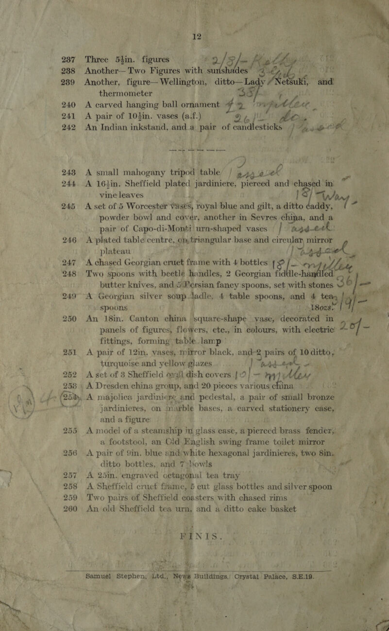 237 Three 5hin. figures iE ie 238 Another—Two Figures iu su hes ed, A 289 Another, figure— Wellington, pit La y/ thermometer 3 or 240 A carved hanging ball ornament Be » ire reper a 241 <A pair of 104in. vases (a.f.) Mr) 242 An Indian inkstand, and.a a of 20/2 he / Mh Ape e lag AN dh &amp;  243 A small mahogany tripod table / nd. eek ‘ 244 A 163in. Sheffield plated jardiniere, pierced and ve bd vine leaves 18) Ww cr 245 A set of 5 Worcester ones royal blue nid gilt, a ditto caddy, es st powder bowl and cover, another in Sevres china, and a pair of Capo-di-Mon#i urn-shaped vases } fugit 246 A plated table centre, om 36: (eo ne base and circulan mirror plateau | sit 247 A chased Georgian altel frame with 4 bottles | é/- lier 248 Two spoons with beetle handles, 2 Georgian he le- hana butter knives, and 4 Persian fancy spoons, set with stones. 36), ~ on | an 249° A Georgian silver soup. ladle, 4 table spoons, and 4 te ake i: otis be Spoons aoe 1802s A oe  panels of figures, flowers, ete., in colours, with electric’ fittings, forming table. lamp 251 <A pair of 12in. vases, mirror black, and- a pairs of 10 pe : 250 An 18in. Canton china ‘square-shape vase, decorated in oe fi turquoise and yellow glazes } bat: te a 252 Aset of 3 Sheffield aydl dish covers |? “4 hl fia ™\ _ 258 A Dresden china group, and 20 pieces savin’ ee OS bah Lh (252, A majolica jardinie re and pedestal, a pair of small bronze jardinieres, on in: arble bases, a carved stationery case, and a figure ; 255 A model of a oncainas f in. glass case, a pierced brass fender, a footstool, an Old English swing frame toilet mirror 256 A pair of 9in. blue and white hexagonal jardinieres, two 8in. es ditto bottles, and 7 :bowls nee ait We Fey 7 <A 25in. engraved octagonal tea tray | ' 258 <A Sheffield cruct fame, 6 cut glass bottles and silver spoon ad bo i  259 Two pairs of Sheffield coasters with chased rims ,. 7 7 \ 260 An old Sheffield tea urn, and a ditto cake basket Sa cae > HANTS : ee st at ‘. | ee ee peas oe | yas Bee Samuel Stephen, itd, it's Buildings: “Orystal Palace, S.E.19. __  £ rh x  Os 7 hy ie os , \ - ; | wk By £; iF Zine 4 - yy i Bt é pt ‘ ry . ANE. i * > 4 . a iy 2 “i Ce ae a ate fe F - 4 hoe A's t Fy