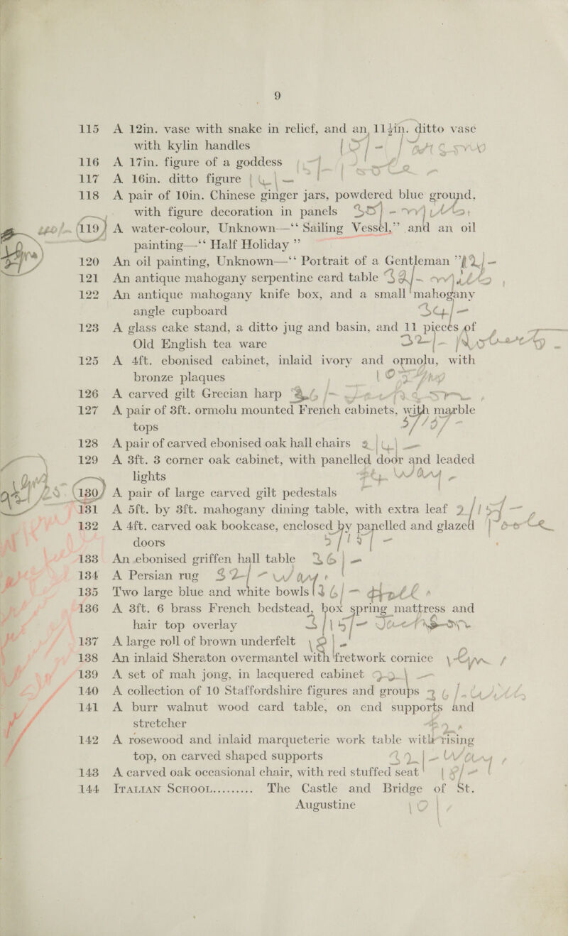 115 116 117 118 137 140 143 144 A 12in. vase with snake in relief, and an, 11din. ditto vase with kylin handles ge i= | py Q A 17in. figure of a goddess j,-] /,J' 4, ; A 16in. ditto figure | \_ \~ ae A pair of 10in. Chinese ginger jars, powdered. dee gy ok with figure decoration in panels $5 ah L AA LY oti an, “oil painting—‘‘ Half Holiday ”’ An antique mahogany serpentine card table ar Wi \ he An antique mahogany knife box, and a small ase at } angle cupboard Rien re A glass cake stand, a ditto jug and basin, and 11 p BaF ti Old English tea ware | 32 = J A 4ft. ebonised cabinet, inlaid ivory and ormolu, mee bronze plaques | © ‘ihe A carved gilt Grecian harp ‘S.(. »/~. Pes Ce. ye A pair of 3ft. ormolu mounted French mine. wit marble ve 7 9) / ons tops A pair of carved ebonised oak hall chairs 2. | \_| ee A. 3ft. 3 corner oak cabinet, with a door and leaded hghts a Lad Bay A. pair of large carved gilt pedestals *_ A 5ft. by 3ft. mahogany dining table, with extra leaf 9 [135 A 4ft. carved oak bookcase, enclosed. ‘4 2 and glaze 9 bay doors * YZ a An .ebonised gee hall table A Persian rug &amp; cai al iW ty Two large blue and white bowl see b|- tiatll K hair top overlay Chote A large roll of brown underfelt pa A. set of mah jong, in lacquered cabinet 4-5.) —— A burr walnut wood card table, on end uppey dnd - stretcher = A rosewood and inlaid marqueterie work table witht rising fai top, on carved shaped supports Bae ~| —- VO A carved oak occasional chair, with red stuffed seat | &amp;/ ITALIAN’ SCHOGOL?.:.....&lt;2: The Castle and ee ‘ ‘St. Augustine \ Ne J