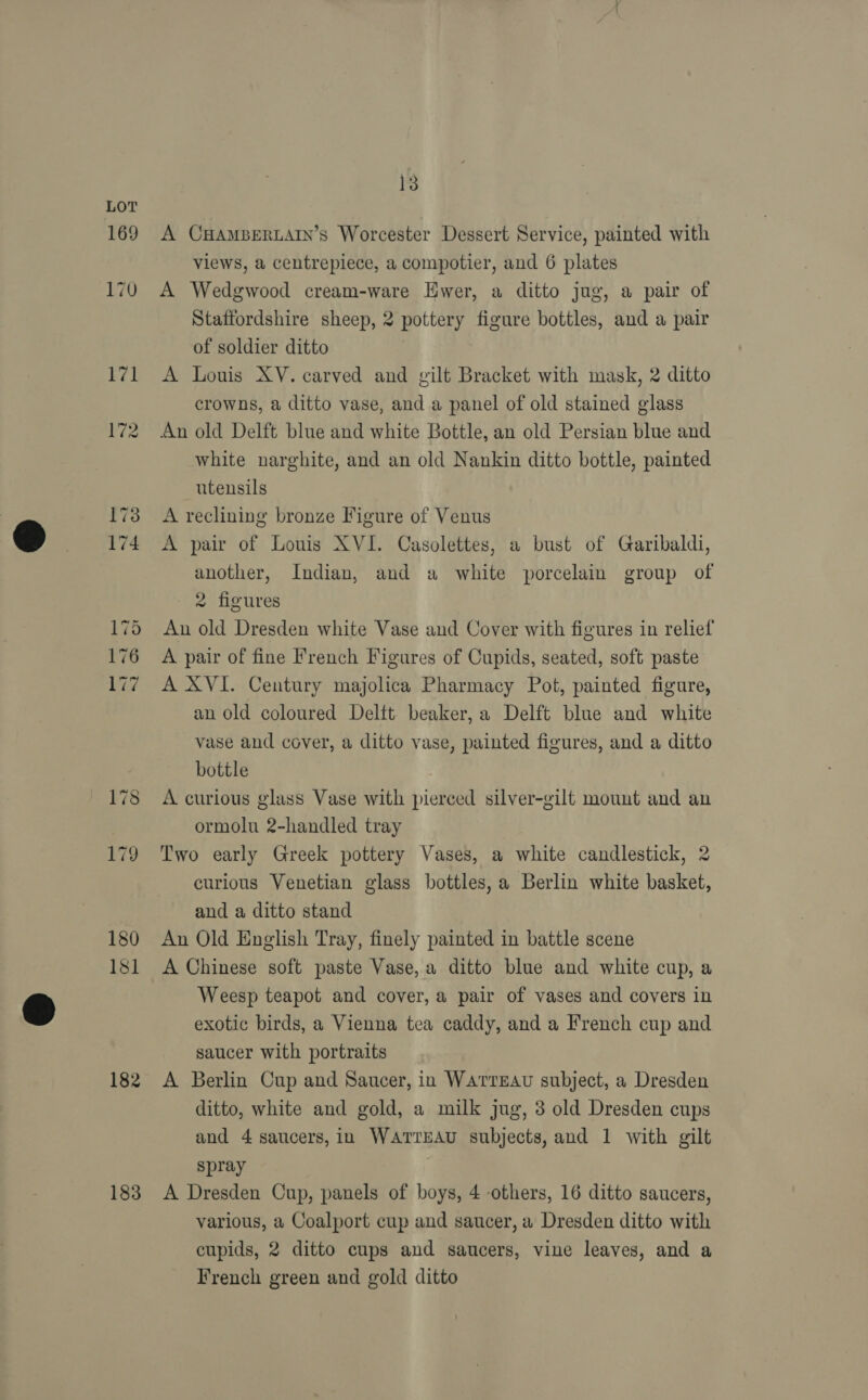 169 182 183 13 A CHAMBERLAIN’S Worcester Dessert Service, painted with views, a centrepiece, a compotier, and 6 plates A Wedgwood cream-ware Hwer, a ditto jug, a pair of Staffordshire sheep, 2 pottery figure bottles, and a pair of soldier ditto A Louis XV. carved and gilt Bracket with mask, 2 ditto crowns, a ditto vase, and a panel of old stained glass An old Delft blue and white Bottle, an old Persian blue and white narghite, and an old Nankin ditto bottle, painted utensils A reclining bronze Figure of Venus A pair of Louis XVI. Casolettes, a bust of Garibaldi, another, Indian, and a white porcelain group of 2 figures An old Dresden white Vase and Cover with figures in relief A pair of fine French Figures of Cupids, seated, soft paste A XVI. Century majolica Pharmacy Pot, painted figure, an old coloured Delft beaker, a Delft blue and white vase and cover, a ditto vase, painted figures, and a ditto bottle A curious glass Vase with pierced silver-gilt mount and an ormolu 2-handled tray Two early Greek pottery Vases, a white candlestick, 2 curious Venetian glass bottles, a Berlin white basket, and a ditto stand | An Old English Tray, finely painted in battle scene A Chinese soft paste Vase, a ditto blue and white cup, a Weesp teapot and cover, a pair of vases and covers in exotic birds, a Vienna tea caddy, and a French cup and saucer with portraits A Berlin Cup and Saucer, in Warreau subject, a Dresden ditto, white and gold, a milk jug, 3 old Dresden cups and 4 saucers, in WaArTreau subjects, and 1 with gilt spray A Dresden Cup, panels of boys, 4 -others, 16 ditto saucers, various, a Coalport cup and saucer, a Dresden ditto with cupids, 2 ditto cups and saucers, vine leaves, and a French green and gold ditto