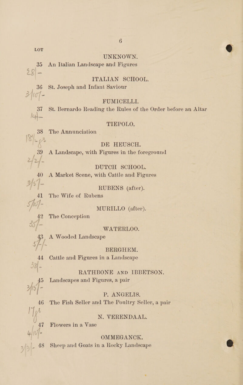 UNKNOWN. An Italian Landscape and Figures ITALIAN SCHOOL. St. Joseph and Infant Saviour FUMICELLI. St. Bernardo Reading the Rules of the Order before an Altar TIEPOLO. The Annunciation DE HEUSCH. A Landscape, with Figures in the foreground DUTCH SCHOOL. A Market Scene, with Cattle and Figures RUBENS (after). The Wife of Rubens MURILLO (after). The Conception WATERLOO. A Wooded Landscape BERGHEM. Cattle and Figures in a Landscape RATHBONE anp IBBETSON. Landscapes and Figures, a pair P. ANGELIS. The Fish Seller and The Poultry Seller, a pair N. VERENDAAL. Flowers in a Vase OMMEGANCK. . Sheep and Goats in a Rocky Landscape | eo