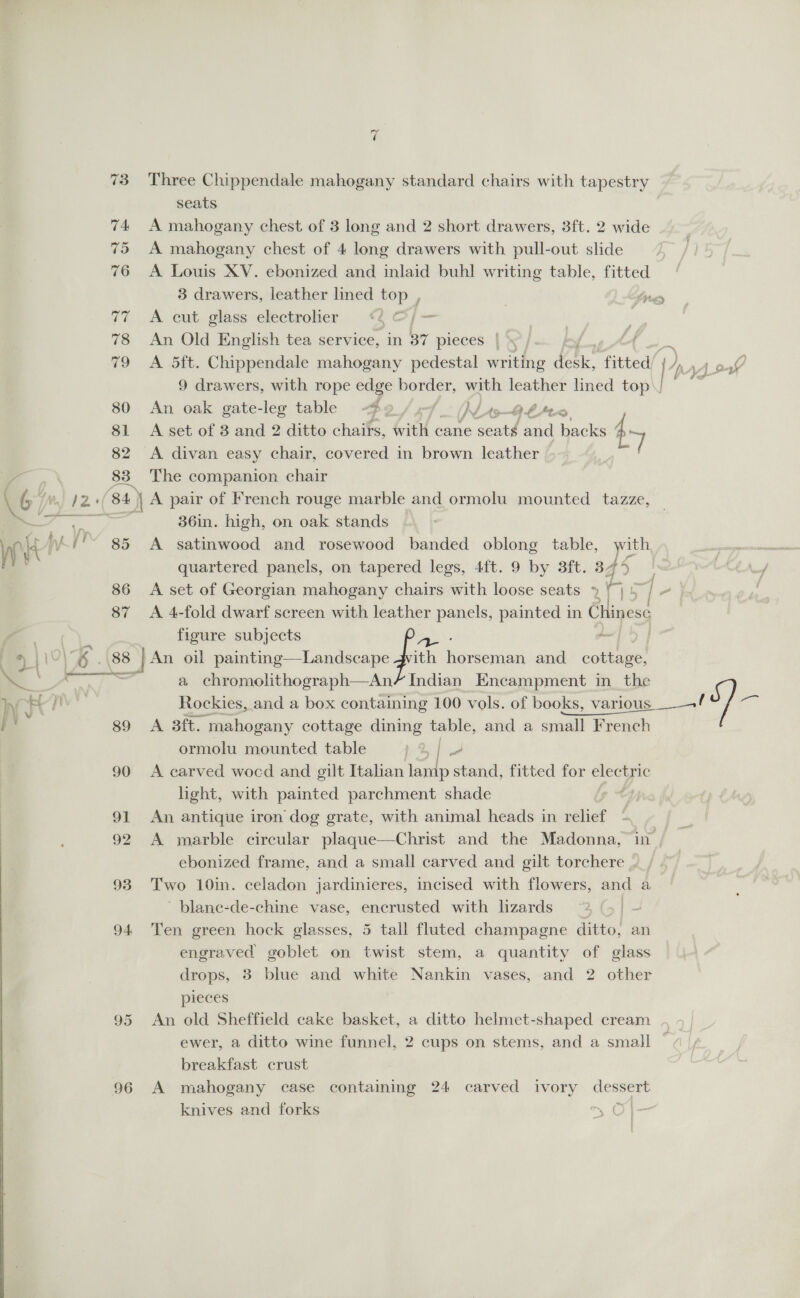 yee’ = 83 85 86 87 89 96 ry é Three Chippendale mahogany standard chairs with tapestry seats A mahogany chest of 3 long and 2 short drawers, 3ft. 2 wide A mahogany chest of 4 long drawers with pull-out slide A Louis XV. ebonized and inlaid buhl writing table, fitted 3 drawers, leather lined top , trey A cut glass electrolier Eo | : An Old English tea service, in 37 pieces | &amp;’/-. A 5ft. Chippendale mahogany pedestal writing ne fitted, j x ee. 9 drawers, with rope edge border, with leather lined top\! ti An oak gate-leg table’ - 4 9 f Mip-Q4/t2 A set of 8 and 2 ditto chairs, with cane seats and backs ty A divan easy chair, covered in brown leather The companion chair 36in. high, on oak stands A satinwood and rosewood banded oblong table, with quartered panels, on tapered legs, 41t. 9 by 3ft. 3. AS , A set of Georgian mahogany chairs with loose seats » ‘a eat ” A 4-fold dwarf screen with leather panels, painted in Chinese a chromolithograph—An/ Indian Encampment in_ the Rockies, and a box containing 100 vols. of books, various. pe gas A sft. mahogany cottage dining table, and a small French French ormolu mounted table 1 2 = - A carved wocd and gilt Italian lamp stand, fitted for 4 as hght, with painted parchment shade An antique iron dog grate, with animal heads in ik fe A marble circular plaque—Christ and the Madonna, in ebonized frame, and a small carved and gilt torchere Two 10in. celadon jardinieres, incised with flowers, and a _blane-de-chine vase, encrusted with lizards ~% (, | Ten green hock glasses, 5 tall fluted champagne ditto, an engraved goblet on twist stem, a quantity of glass drops, 38 blue and white Nankin vases, and 2 other pieces An old Sheffield cake basket, a ditto helmet-shaped cream ewer, a ditto wine funnel, 2 cups on stems, and a small breakfast crust A mahogany case containing 24 carved ivory aes knives and forks my {
