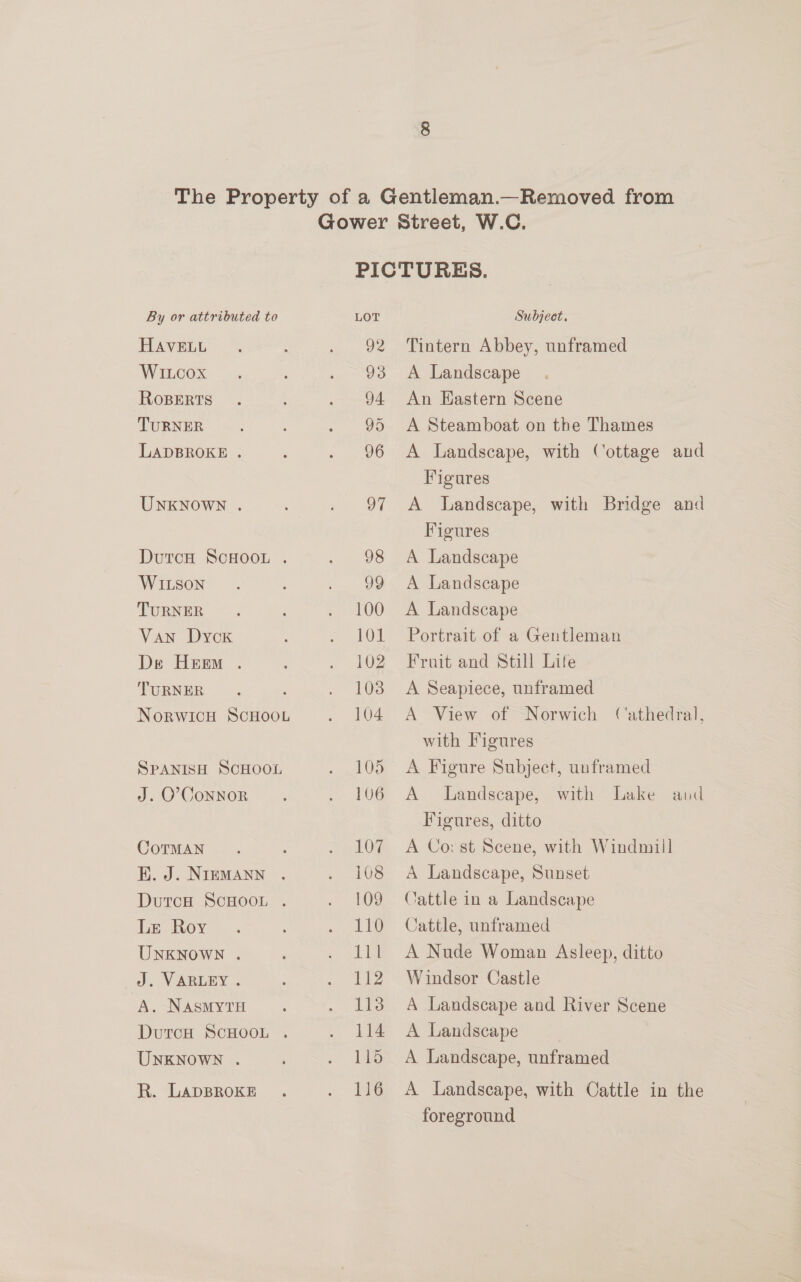 By or attributed to HAVELL WILcox RoBERTS TURNER LADBROKE . UNKNOWN . DutcH ScHOOL . WILSON TURNER Van Dyck De Heem . TURNER NorwicH SCHOOL SPANISH SCHOOL J. O’'ConNOR CoTMAN EK. J. NIEMANN . DutcH SCHOOL . Le Roy UNKNOWN . J). VARLEY.. A. Nasmyru DutcH ScHOOL . UNKNOWN . R. LADBROKE PICTURES. LOT Subject. 92 Tintern Abbey, unframed 93 A Landscape 94 An Eastern Scene 95 <A Steamboat on the Thames 96 <A Landscape, with Cottage and Figures 97 <A Landscape, with Bridge and Figures 98 A Landscape 99 <A Landscape 100 A Landscape 101 Portrait of a Gentleman 102. Fruit and Still Life 103 A Seapiece, unframed 104 A View of Norwich Cathedral, with Figures 105 A Figure Subject, unframed 106 A Landscape, with Lake and Figures, ditto 107 A Covst Scene, with Windmill 108 A Landscape, Sunset 109 Cattle in a Landscape 110 Cattle, unframed 111 A Nude Woman Asleep, ditto 112 Windsor Castle 113 A Landscape and River Scene 114 A Landscape 115 A Landscape, unframed 116 A Landscape, with Cattle in the foreground
