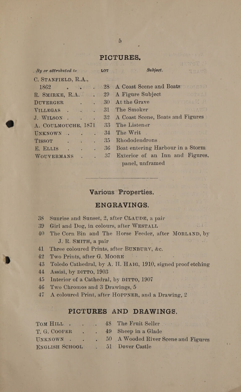 PICTURES. _ By or attrebuted to LOT.” Subject. C. STANFIELD, R.A.., : 1862 » ee. ~60 285 A Coast Scene and Boats: R. SMIRKE, R.A... 2. 229 A Figure Subject DUVERGER : . 30 At the Grave VILLEGAS . é . 31 The Smoker : J. WILSON . ; 32 A Coast Scene, Boats and nes. A. COULMOUCHE, 1871 33 The Listener UNKNOWN ... : . 34 The Writ TISSOT 5 35 Rhododendrons | H. ELLIS. : . 36 Boat entering Harbour in a Storm WOUVERMANS 37 Exterior of an Inn and Figures, 38 a9 AQ) 41 42 43 44 45 46 47 panel, unframed Various Properties. ENGRAVINGS. Sunrise and Sunset, 2, after CLAUDE, a pair Girl and Dog, in colours, after WESTALL .. The Corn Bin and The Horse Feeder, after WOES ie J. R. SMITH, a pair : Three coloured Prints, after BUNBURY, &amp;c. Two Prints, after G. MOORE Toledo Cathedral, by A. H. Hare, 1910, signed proof ie Assisi, by DITTO, 1903 Interior of a Cathedral, by DITTO, 1907 Two Chromos and 3 Drawings, 5 A coloured Print, after HOPPNER, and a Drawing, 2 PICTURES AND DRAWINGS.