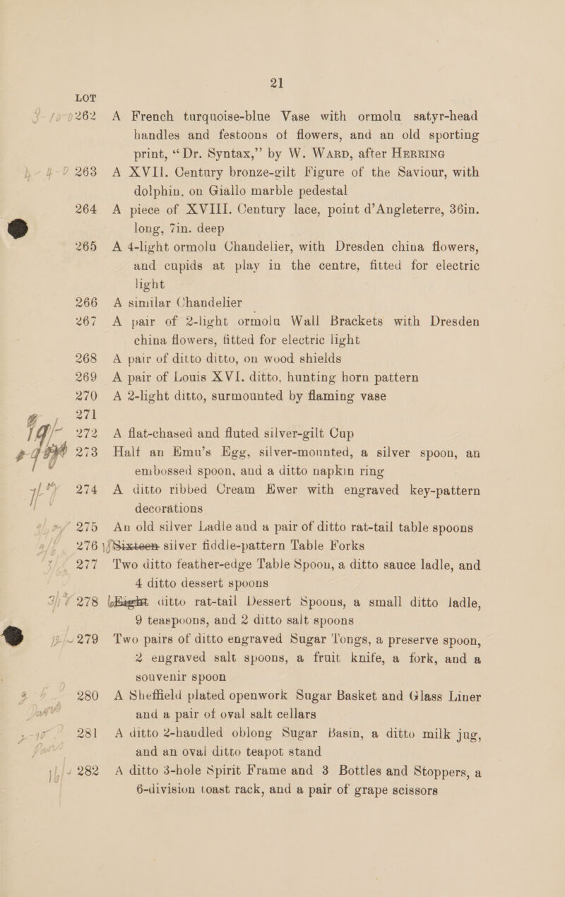  A French turquoise-blue Vase with ormolu satyr-head handles and festoons of flowers, and an old sporting print, “Dr. Syntax,”’ by W. Warp, after HERRING A XVII. Century bronze-gilt Figure of the Saviour, with dolphin, on Giallo marble pedestal A piece of XVIII. Century lace, point d’Angleterre, 36in. long, 7in. deep A 4-light ormolu Chandelier, with Dresden china flowers, and cupids at play in the centre, fitted for electric hight A similar Chandelier A pair of 2-hght ormolu Wall Brackets with Dresden china flowers, fitted for electric light A pair of ditto ditto, on wood shields A pair of Louis XVI. ditto, hunting horn pattern A 2-light ditto, surmounted by flaming vase A flat-chased and fluted silver-gilt Cup Half an Hmu’s Egg, silver-monnted, a silver spoon, an embossed spoon, and a ditto napkin ring A ditto ribbed Cream Ewer with engraved key-pattern decorations ~, 275 An old silver Ladle and a pair of ditto rat-tail table spoons e/, 276 \{Sixteen silver fiddle-pattern Table Forks > 277 Two ditto feather-edge Table Spoon, a ditto sauce ladle, and =~ #-9.— 280 yw! 281 i} jy 282 4 ditto dessert spoons 9 teaspoons, and 2 ditto salt spoons Two pairs of ditto engraved Sugar '‘l'ongs, a preserve spoon, 2 engraved salt spoons, a fruit knife, a fork, and a souvenir spoon A Sheffield plated openwork Sugar Basket and Glass Liner and a pair of oval salt cellars A ditto 2-handled oblong Sugar Basin, a ditto milk jug, and an oval ditto teapot stand A ditto 3-hole Spirit Frame and 3 Bottles and Stoppers, a 6-division toast rack, and a pair of grape scissors