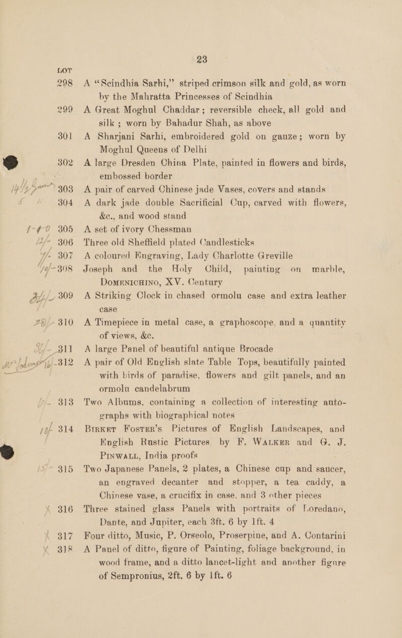 317 318 23 A “Scindhia Sarhi,” striped crimson silk and gold, as worn by the Mahratta Princesses of Scindhia A Great Moghul Chaddar; reversible check, all gold and silk ; worn by Bahadur Shah, as above A Sharjani Sarhi, embroidered gold on gauze; worn by Moghul Queens of Delhi A large Dresden China Plate, painted in flowers and birds, embossed border A pair of carved Chinese jade Vases, covers and stands A dark jade double Sacrificial Cup, carved with flowers, &amp;c., and wood stand A set of ivory Chessman Three old Sheffield plated Candlesticks A coloured Rngraving, Lady Charlotte Greville Joseph and the Holy Child, painting on marble, DomeEnicHINo, XV. Century A Striking Clock in chased ormolu case and extra leather case A Timepiece in metal case, a graphoscope, and a quantity of views, &amp;c. A large Panel of beautiful antique Brocade A pair of Old English slate Table Tops, beautifully painted with birds of paradise, flowers and gilt panels, and an ormolu candelabrum Two Albums, containing a collection of interesting auto- graphs with biographical notes BirKET Foster’s Pictures of English Landscapes, and English Rustic Pictures, by F. Waker and G. J. Pinwat., India proofs | Two Japanese Panels, 2 plates, a Chinese cap and saucer, an engraved decanter and stopper, a tea caddy, a Chinese vase, a crucifix in case, and 3 other pieces Three stained glass Panels with portraits of Toredano, Dante, and Jupiter, each 3ft. 6 by 1ft. 4 Four ditto, Music, P. Orseolo, Proserpine, and A. Contarini A Panel of ditto, figure of Painting, foliage background, in wood frame, and a ditto lancet-light and another fignre