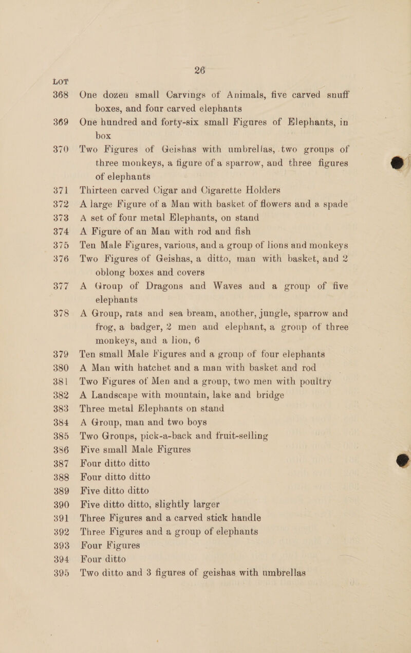 368 369 370 371 372 373 374 375 376 377 378 379 380 38 | 382 383 384 385 386 387 388 389 390 391 392 393 394 399 26 One dozen small Carvings of Animals, five carved snuff boxes, and four carved elephants One hundred and forty-six small Figures of Elephants, in box Two Figures of Geishas with umbrellas,.two groups of three monkeys, a figure of a sparrow, and three figures of elephants Thirteen carved Cigar and Cigarette Holders A large Figure of a Man with basket of flowers and a spade A set of four metal Elephants, on stand A Figure of an Man with rod and fish Ten Male Figures, various, anda group of lions and monkeys Two Figures of Geishas, a ditto, man with basket, and 2 oblong boxes and covers A Group of Dragons and Waves and a group of five elephants A Group, rats and sea bream, another, jungle, sparrow and frog,a badger, 2 men and elephant, a group of three monkeys, and a lion, 6 Ten small Male Figures and a group of four elephants A Man with hatchet and a man with basket and rod Two Figures of Men and a group, two men with poultry A Landscape with mountain, lake and bridge Three metal Klephants on stand A Group, man and two boys Two Groups, pick-a-back and fruit-selling Five small Male Figures Four ditto ditto Four ditto ditto Five ditto ditto Five ditto ditto, slightly larger Three Figures and a carved stick handle Three Figures and a group of elephants Four Figures Four ditto Two ditto and 3 figures of geishas with umbrellas  