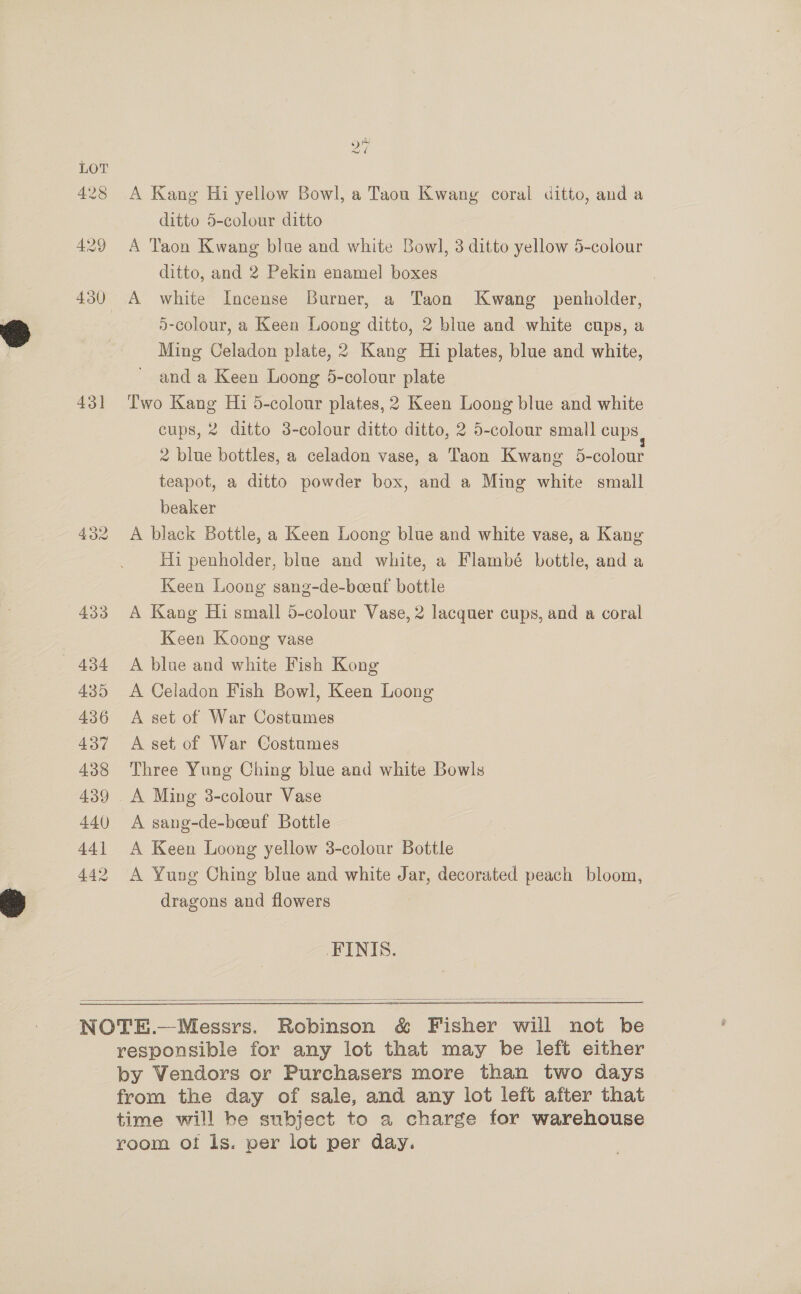 431 a) 24 A Kang Hi yellow Bowl, a Taou Kwang coral ditto, and a ditto 5-colour ditto A Taon Kwang blue and white Bowl, 3 ditto yellow 5-colour ditto, and 2 Pekin enamel boxes A white Incense Burner, a Taon Kwang _ penholder, 5-colour, a Keen Loong ditto, 2 blue and white cups, a Ming Celadon plate, 2 Kang Hi plates, blue and white, ~ anda Keen Loong 5-colour plate 'wo Kang Hi 5-colour plates, 2 Keen Loong blue and white cups, 2 ditto 3-colour ditto ditto, 2 5-colour small cups 2 blue bottles, a celadon vase, a Taon Kwang 5-colour teapot, a ditto powder box, and a Ming white small beaker A black Bottle, a Keen Loong blue and white vase, a Kang Hi penholder, blue and white, a Flambé bottle, and a Keen Loong sang-de-beeut bottle A Kang Hi small 5-colour Vase, 2 lacquer cups, and a coral Keen Koong vase A blue and white Fish Kong A Celadon Fish Bowl, Keen Loong A set of War Costumes A set of War Costumes Three Yung Ching blue and white Bowls _A Ming 38-colour Vase A sang-de-beeuf Bottle A Keen Loong yellow 3-colour Bottle A Yung Ching blue and white Jar, decorated peach bloom, dragons and flowers FINIS.  responsible for any lot that may be left either by Vendors or Purchasers more than two days from the day of sale, and any lot left after that time will be subject to a charge for warehouse room of ls. per lot per day.
