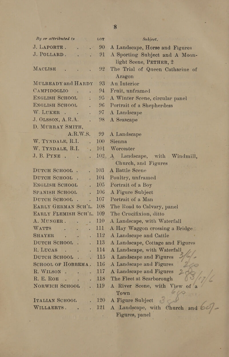 J. LAPORTE . J. POLLARD. MACLISE CAMPIDOGLIO ENGLISH SCHOOL ENGLISH SCHOOL W. LUKER J. OLSSON, A.R.A. D. MURRAY SMITH, A-R.W.S. W. TYNDALE, R.I. W. TYNDALE, B.I. J. B. PYNE DUTCH SCHOOL . DUTCH SCHOOL EKNGLISH SCHOOL SPANISH SCHOOL DurcH SCHOOL EARLY GERMAN SCH’L. A. MUNGER. WATTS SHAYER DUTCH SCHOOL R. LUCAS DUTCH SCHOOL SCHOOL OF HOBBEMA. R. WILSON R. KE. ROE NORWICH SCHOOL ITALIAN SCHOO! WILLAERTS. 90 OL 92 93 94 95 96 OE 98 3h) 100 101 102 103 104 105 106 107 108 109 110 111 112 113 114 115 116 117 118 119 120 121 A Landscape, Horse and Figures A Sporting Subject and A Moon- light Scene, PETHER, 2 The Trial of Queen Catharine of Aragon An Interior Fruit, unframed Portrait of a Shepherdess A. Landscape A Seascape A Landscape Sienna Worcester A Landscape, with Windmill, Church, and Figures A Battle Scene Poultry, unframed Portrait of a Boy A Figure Subject Portrait of a Man The Road to Calvary, panel The Crucifixion, ditto A Landscape, with Waterfall A. Hay Waggon crossing a Bridge A Landscape and Cattle A. Landscape, Cottage and Figures A Landscape, with Waterfall _ A Landscape and Figures Yoe/. A Landscape and Figures ; ao a“ . — ye A. Landscape and Figures The Fleet at Scarborough U A.River Scene, with View of ‘a | Town (A A Figure Subject A Landscape, with Church and ©&amp;/ Figures, panel