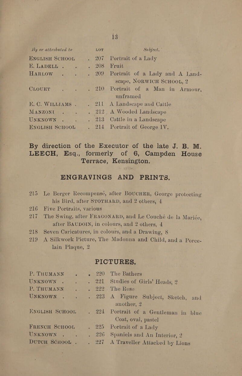 ENGLISH SCHOOL He LADELI HARLOW ’ CLOUET ki. C. WILLIAMS . MANZONI UNKNOWN ENGLISH SCHOOL 207 208 209 210 211 212 213 214 is Portrait of a Lady Fruit Portrait of a Lady and A Land- scape, NORWICH SCHOOL, 2 Portrait of a Man in Armour, unframed A Landscape aud Cattle A Wooded Landscape Cattle in a Landscape Portrait of George IV. P. THUMANN ‘ UNKNOWN P,. THUMANN UNKNOWN IK NGLISH SCHOOL FRENCH SCHOOL UNKNOWN DUTCH SGHOOL PICTURES. 220 The Bathers 221 Studies of Girls’ Heads, 2 222 . The Rose 223 A Figure Subject, Sketch, and 7 another, 2 Portrait of a Gentleman in blue Coat, oval, pastel Portrait of a Lady Spaniels and An Interior, 2 A Traveller Attacked by Lions