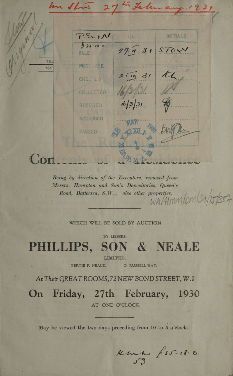   We ads Sei INITIALS re eo : SALE Lea. Ft] SILOS  Road, Battersea, S.W.; also other ers WAasdn Dish PHILLIPS. SON &amp; NEALE At Their GREAT ROOMS, 72NEW BOND STREET, W.1 fi |