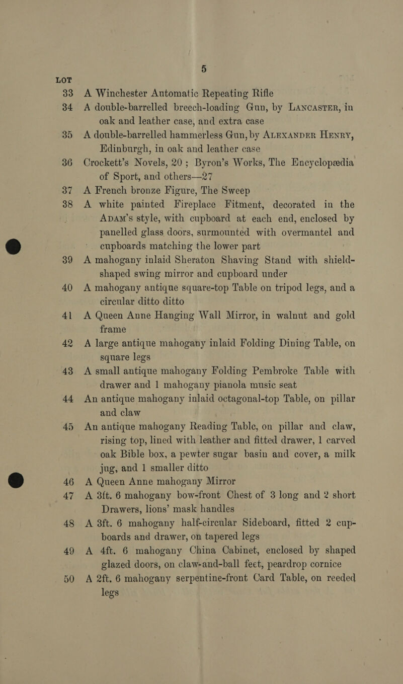 33 34 35 36 37 38 39 40) 41 42 43 44 45 46 47 48 49 50 5 A Winchester Automatic Repeating Rifle A double-barrelled breech-loading Gun, by LANCASTER, in oak and leather case, and extra case A double-barrelled hammerless Gun, by ALEXANDER Henry, Kdinburgh, in oak and leather case Crockett’s Novels, 20; Byron’s Works, The Encyclopedia of Sport, and others—27 A French bronze Figure, The Sweep A white painted Fireplace Fitment, decorated in the Apam’s style, with cupboard at each end, enclosed by panelled glass doors, surmounted with overmantel and cupboards matching the lower part A mahogany inlaid Sheraton Shaving Stand with shield- shaped swing mirror and cupboard under A mahogany antique square-top Table on tripod legs, and a circular ditto ditto A Queen Anne Hanging Wall Mirror, in walnut and gold frame A large antique mahogany inlaid Folding Dining Table, on square legs A small antique mahogany Folding Pembroke Table with drawer and 1 mahogany pianola music seat An antique mahogany inlaid octagonal-top Table, on pillar and claw An antique mahogany Reading Table, on pillar and claw, rising top, lined with leather and fitted drawer, 1 carved oak Bible box, a pewter sugar basin and cover, a milk jag, and 1 smaller ditto A Queen Anne mahogany Mirror A 3{t. 6 mahogany bow-front Chest of 3 long and 2 short Drawers, lions’ mask handles A 8ft. 6 mahogany half-circular Sideboard, fitted 2 cup- boards and drawer, on tapered legs A 4ft. 6 mahogany China Cabinet, enclosed by shaped glazed doors, on claw-and-ball feet, peardrop cornice A 2ft. 6 mahogany serpentine-front Card Table, on reeded legs