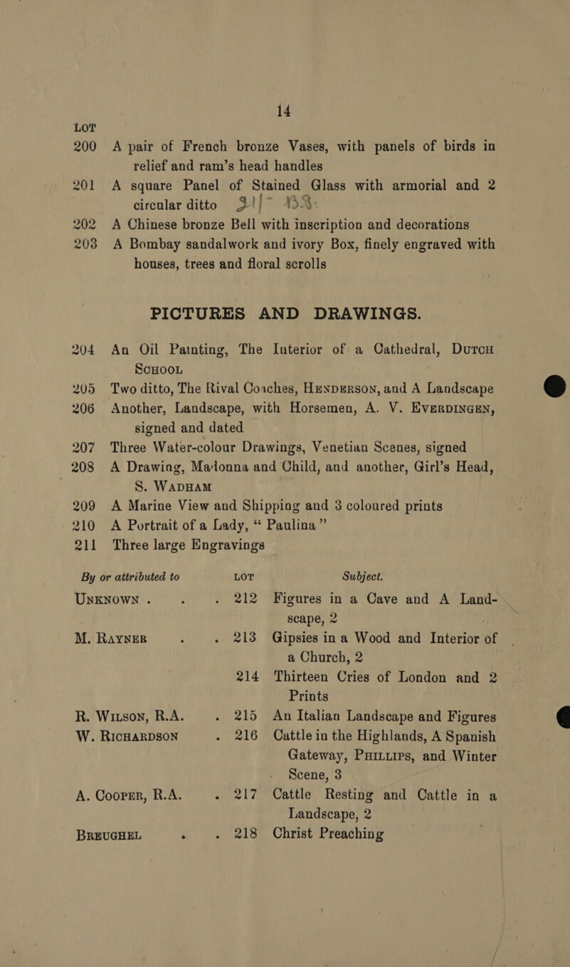 Lot 200 <A pair of French bronze Vases, with panels of birds in relief and ram’s head handles 201 <A square Panel of Stained Glass with armorial and 2 circular ditto 3!/~ 3% 202 A Chinese bronze Bell with inscription and decorations 203 A Bombay sandalwork and ivory Box, finely engraved with houses, trees and floral scrolls PICTURES AND DRAWINGS. 204 An Oil Pamting, The Interior of a Cathedral, Durcu SCHOOL 205 Two ditto, The Rival Coaches, Hexperson, and A PE ee: 206 Another, Landscape, with Horsemen, A. V. EverDINGEN, signed and dated 207 Three Water-colour Drawings, Venetian Scenes, signed 208 A Drawing, Madonna and Child, and another, Girl’s Head, S. WADHAM 209 A Marine View and Shipping and 3 coloured prints 210 <A Portrait of a Lady, “ Paulina” 211 Three large Engravings By or attributed to LOT Subject. Unknown . ; . 212 Figures : a Cave and A Land- scape, 2 M. RAYNER ; b218 Bisel ie in a Wood and Interior of a Church, 2 214 Thirteen Cries of London and 2 Prints Gateway, PHILLips, and Winter Scene, 3 Landscape, 2  