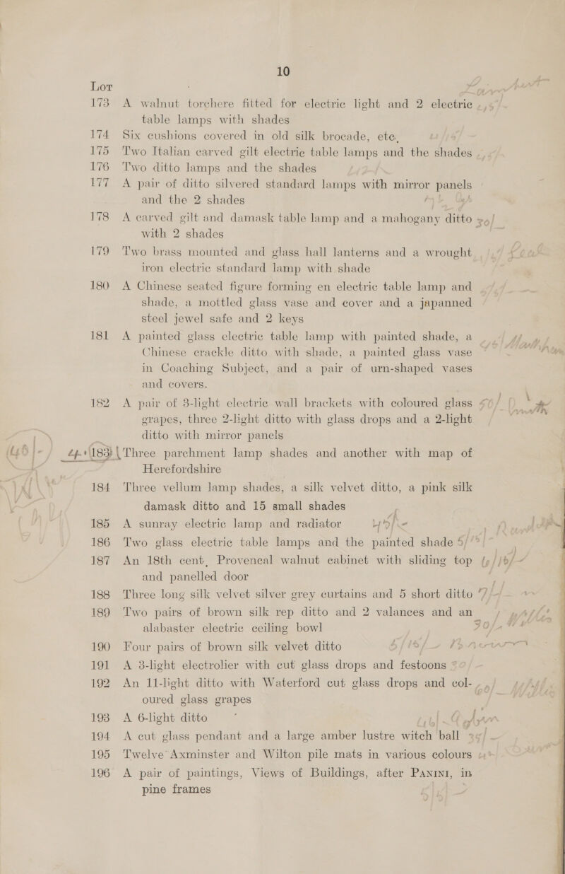 10 Lor table lamps with shades 174 Six cushions covered in old silk brocade, etc. 175 Two Italian carved gilt electric table lamps and the shades 176 Two ditto lamps and the shades 177 A pair of ditto silvered standard lamps with mirror aes and the 2 shades } with 2 shades 179 ‘Two brass mounted and glass hall lanterns and a wrought iron electric standard lamp with shade 180 A Chinese seated figure forming en electric table lamp and shade, a mottled glass vase and cover and a japanned steel jewel safe and 2 keys 181 A painted glass electric table lamp with painted shade, a Chinese crackle ditto with shade, a painted glass vase in Coaching Subject, and a pair of urn-shaped vases and covers. erapes, three 2-lght ditto with glass drops and a 2-light ditto with mirror panels _4-'183) | Three parchment lamp shades and another with map of Herefordshire 184 Three vellum lamp shades, a silk velvet ditto, a pink silk damask ditto and 15 small shades | 185 A sunray electric lamp and radiator Lyf < 186 Two glass electric table lamps and the painted shade 5/” 187 An 18th cent, Provencal walnut cabinet with sliding top and panelled door 189 Two pairs of brown silk rep ditto and 2 valances and an alabaster electric ceiling bowl 191 A 38-light electrolier with cut glass drops and festoons : 192 An 11-light ditto with Waterford cut glass drops and col. - oured glass grapes 194 A cut glass pendant and a large amber lustre wie val 196 A pair of paintings, Views of Buildings, after Panini, in pine frames | afer vy 