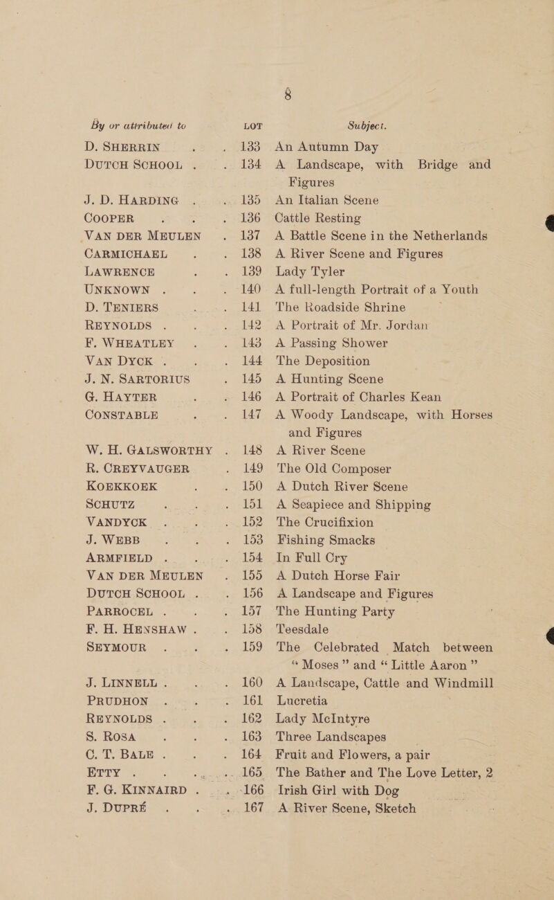 D. SHERRIN DUTCH SCHOOL . J. D. HARDING COOPER ; VAN DER MEULEN CARMICHAEL LAWRENCE UNKNOWN D. TENIERS REYNOLDS F. WHEATLEY VAN DYCK . J. N. SARTORIUS G. HAYTER CONSTABLE W. H. GALSWORTHY R. CREYVAUGER KOEKKOEK SCHUTZ VANDYCK J. WEBB ARMFIELD VAN DER MEULEN DUTCH SCHOOL . PARROCEL . F. H. HENSHAW . SEYMOUR J. LINNELL . PRUDHON REYNOLDS . S. Rosa Cat BAGH. ETTY : F.G. KINNAIRD . J. DUPRE 133 134 135 136 137 138 139 140 141 142 148 144 145 146 147 148 149 150 151 152 153 154 155 156 157 158 159 160 161 162 163 164 167 An Autumn Day A Landscape, with Bridge and Figures An Italian Scene Cattle Resting A Battle Scene in the Netherlands A River Scene and Figures Lady Tyler A full-length Portrait of a Youth The Roadside Shrine A Portrait of Mr. Jordan A Passing Shower The Deposition A Hunting Scene A Portrait of Charles Kean A Woody Landscape, with Horses and Figures A River Scene The Old Composer A Dutch River Scene A Seapiece and Shipping The Crucifixion Fishing Smacks In Full Cry A Dutch Horse Fair A Landscape and Figures The Hunting Party Teesdale The Celebrated Match between * Moses ” and “ Little Aaron ” A Landscape, Cattle and Windmill Lucretia Lady McIntyre Three Landscapes Lee Fruit and Flowers, a pair : The Bather and The Love ee 2 Irish Girl with Dog 7 A River Scene, Sketch