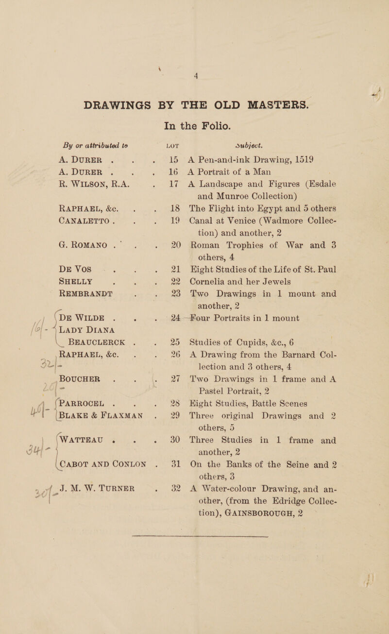 A. DURER A. DURER RAPHAEL, &amp;c. CANALETTO . G. ROMANO ._ DE Vos SHELLY REMBRANDT ) (DE WILDE /o| - 4 LADY DIANA \. BEAUCLERCK hewpieearey &amp;e. R> ft ae | ,BoucHER (PARROCEL 4 | | ass (WATTEAU é 15 16 L( 18 19 20 al A Pen-and-ink Drawing, 1519 A Portrait of a Man A Landscape and Figures Aadate and Munroe Collection) The Flight into Egypt and 5 others Canal at Venice (Wadmore Collec- tion) and another, 2 Roman Trophies of War and 3 others, 4 Hight Studies of the Life of St. Paul Cornelia and her Jewels Two Drawings in 1 mount and another, 2 Studies of Cupids, &amp;c., 6 A Drawing from the Barnard Col- lection and 3 others, 4 Two Drawings in 1 frame and A Pastel Portrait, 2 Kight Studies, Battle Scenes Three original Drawings and 2 others, 5 | Three Studies in 1 frame and another, 2 On the Banks of the Seine and 2 | others, 3 A Water-colour Drawing, and an- other, (from the Edridge Colleec- tion), GAINSBOROUGH, 2 