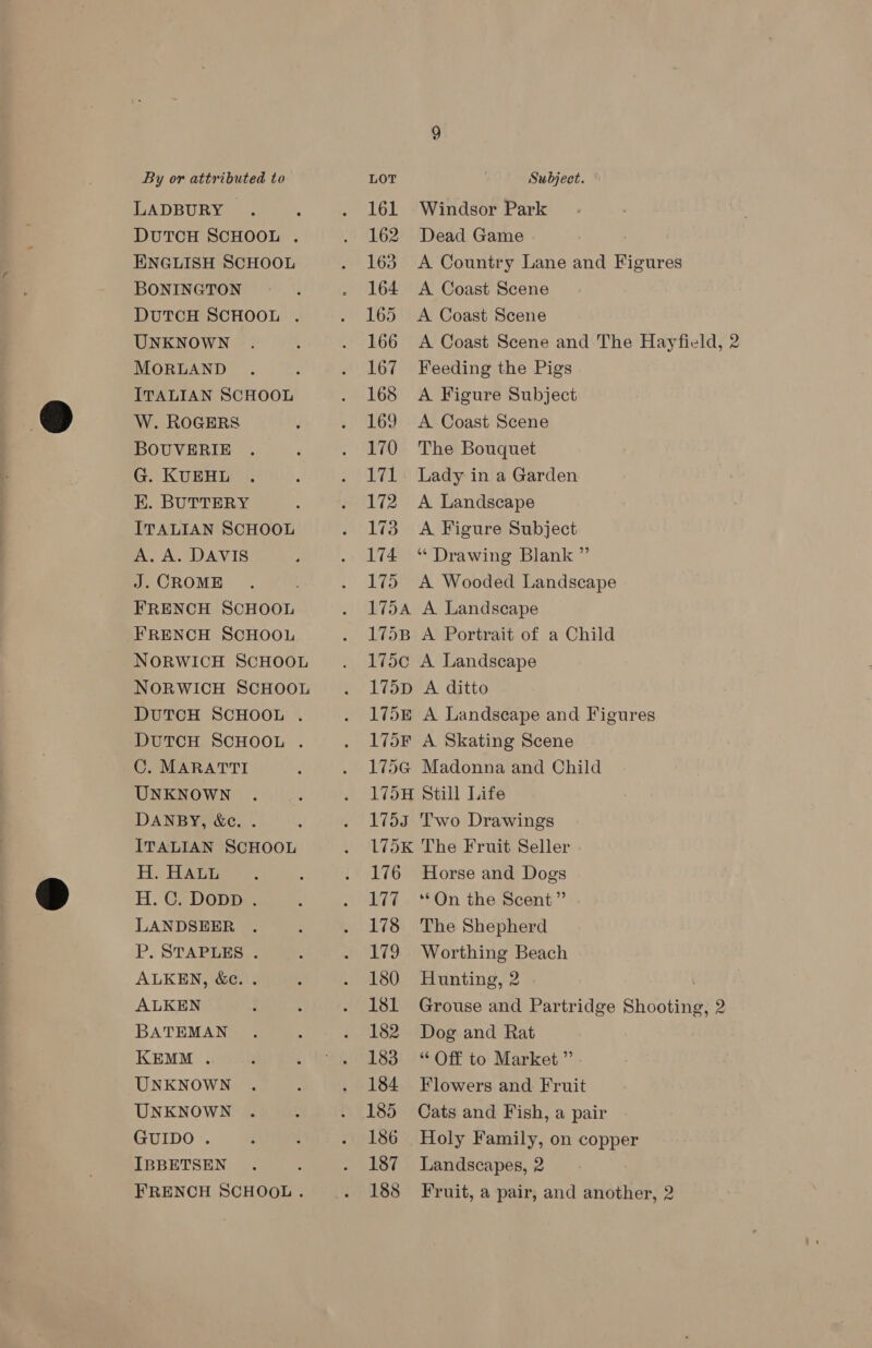 LADBURY . . . 161 Windsor Park DUTCH SCHOOL . . 162 Dead Game ENGLISH SCHOOL . 163 <A Country Lane and Figures BONINGTON : . 164 A Coast Scene DUTCH SCHOOL . . 165 A Coast Scene UNKNOWN . , . 166 A Coast Scene and The Hayfield, 2 MORLAND . . . 167 Feeding the Pigs ITALIAN SCHOOL . 168 A Figure Subject W. ROGERS . . 169 A Coast Scene BOUVERIE . . . 170 The Bouquet G. KUEHL . : . 171 Lady in a Garden K. BUTTERY : . 172 A Landscape ITALIAN SCHOOL . 173 A Figure Subject A. A. DAVIS ; . 174 “Drawing Blank ” J.CROME . | . 175 A Wooded Landscape FRENCH SCHOOL . L754 A Landscape FRENCH SCHOOL . 1758 A Portrait of a Child NORWICH ScHOOL . 175c A Landscape NORWICH SCHOOL . 175D A ditto DUTCH SCHOOL . . 175E A Landscape and Figures DUTCH SCHOOL . . 175F A Skating Scene C. MARATTI ; . 175G Madonna and Child UNKNOWN . , . 1758 Still Life DANBY, &amp;e. . , . 1753 Two Drawings ITALIAN SCHOOL . L75K The Fruit Seller H. HAGE &amp;-. i . 176 Horse and Dogs H. GC, DoDD: ; oli? .*2On the. scent” LANDSEER . ; . 178 The Shepherd P. STAPLES . ; . 179 Worthing Beach ALKEN, &amp;c. . : . 180 Hunting, 2 ALKEN } : . 181 Grouse and Partridge Shooting, 2 BATEMAN . ; . 182 Dog and Rat KEMM . ; ERT 133U) OF to: Market ” UNKNOWN . : . 184 Flowers and Fruit UNKNOWN . ; . 185 Cats and Fish, a pair GUIDO . : ; . 186 Holy Family, on copper IBBETSEN : . 187 Landscapes, 2 FRENCH SCHOOL . . 188 Fruit, a pair, and another, 2