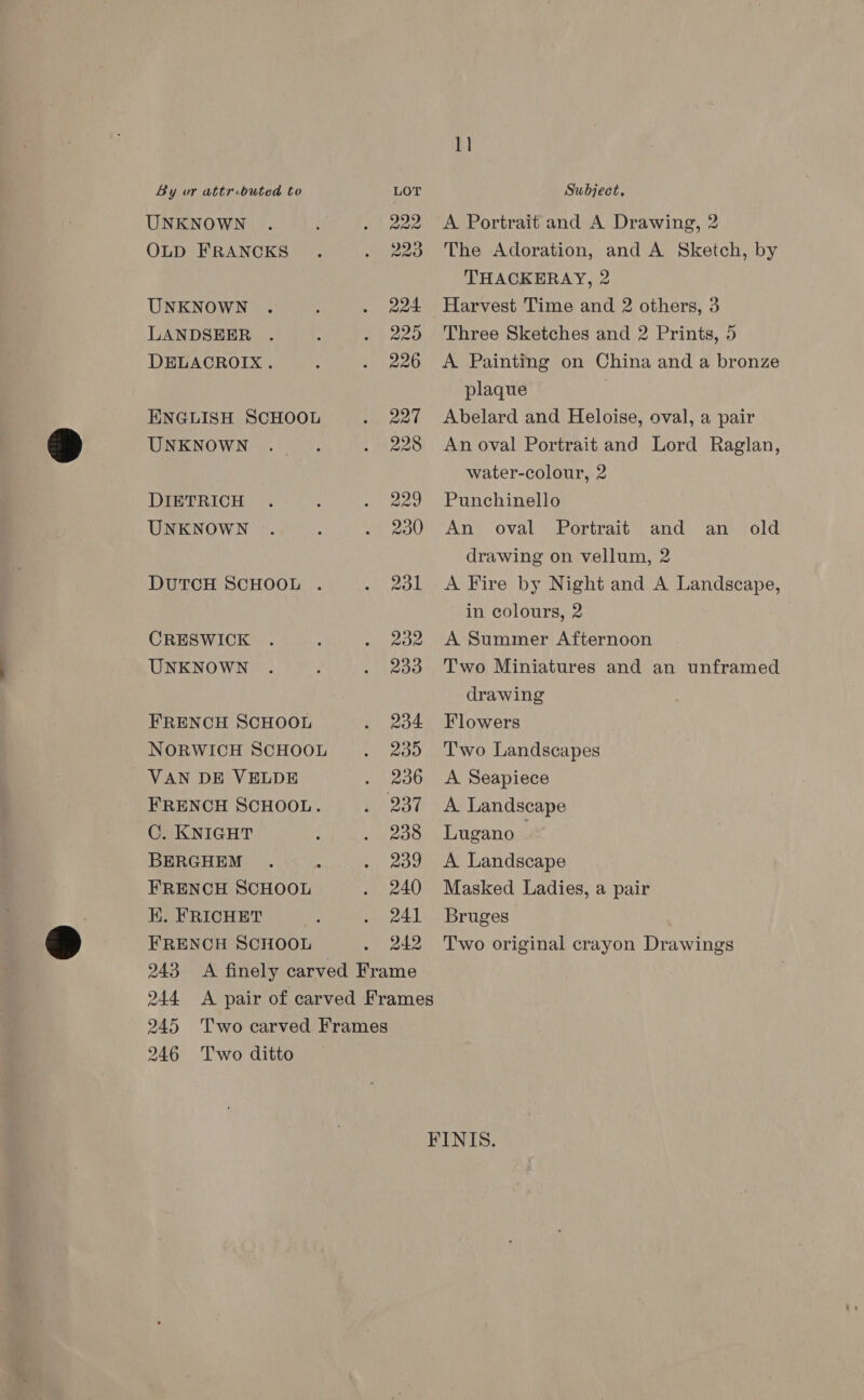 1) By or attr.outed to LOT Subject, UNKNOWN . : . 222 A Portrait and A Drawing, 2 OLD FRANCKS . . 223 The Adoration, and A Sketch, by THACKERAY, 2 UNKNOWN . : . 224 Harvest Time and 2 others, 3 LANDSEER . ; . 225 Three Sketches and 2 Prints, 5 DELACROIX. : . 226 A Painting on China and a bronze plaque | ENGLISH SCHOOL . 227 Abelard and Heloise, oval, a pair UNKNOWN ._. . 228 Anoval Portrait and Lord Raglan, water-colour, 2 DEETRICH |, : . 229 Punchinello UNKNOWN . ; . 230 An oval Portrait and an old drawing on vellum, 2 DUTCH SCHOOL . . 231 A Fire by Night and A Landscape, in colours, 2 CRESWICK . , . 232 A Summer Afternoon UNKNOWN . : . 233 Two Miniatures and an unframed drawing FRENCH SCHOOL . 234 Flowers NORWICH SCHOOL . 235 Two Landscapes VAN DE VELDE . 236 <A Seapiece FRENCH SCHOOL. . 237 A Landscape C. KNIGHT : . 238 Lugano - BERGHEM . . . 239 A Landscape FRENCH SCHOOL . 240 Masked Ladies, a pair K. FRICHET : . AL Bruges FRENCH SCHOOL . 242 Two original crayon Drawings 243 <A finely carved Frame 244 <A pair of carved Frames 245 Two carved Frames 246 Two ditto FINIS.
