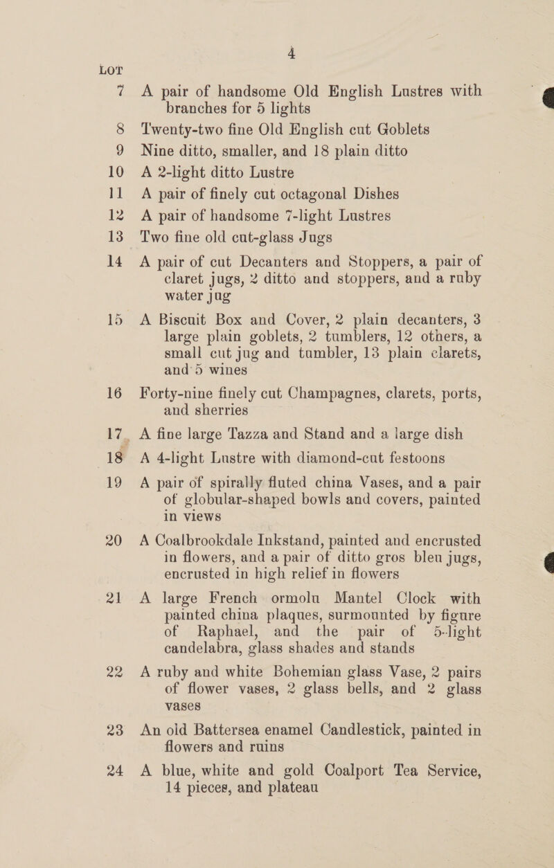 LOT Wi 8 9 10 11 12 13 14 16 19 20 21 22 23 24 4 A pair of handsome Old English Lustres with branches for 5 lights Twenty-two fine Old English cut Goblets Nine ditto, smaller, and 18 plain ditto A 2-light ditto Lustre A pair of finely cut octagonal Dishes A pair of handsome 7-light Lustres Two fine old cut-glass Jugs A pair of cut Decanters and Stoppers, a pair of claret jugs, 2 ditto and stoppers, and a ruby water jug A Biscuit Box and Cover, 2 plain decanters, 3 large plain goblets, 2 tumblers, 12 others, a small cut jug and tumbler, 13 plain clarets, and 5 wines Forty-nine finely cut Champagnes, clarets, ports, and sherries A fine large Tazza and Stand and a large dish A 4-light Lustre with diamond-cut festoons A pair of spirally fluted china Vases, and a pair of globular-shaped bowls and covers, painted in views A Coalbrookdale Inkstand, painted and encrusted in flowers, and a pair of ditto gros bleu jugs, encrusted in high relief in flowers A large French ormolu Mantel Clock with painted china plaques, surmounted by figure of Raphael, and the pair of 5-light candelabra, glass shades and stands | A ruby and white Bohemian glass Vase, 2 pairs of flower vases, 2 glass bells, and 2 glass vases An old Battersea enamel Candlestick, painted in flowers and ruins A blue, white and gold Coalport Tea Service, 14 pieces, and plateau  