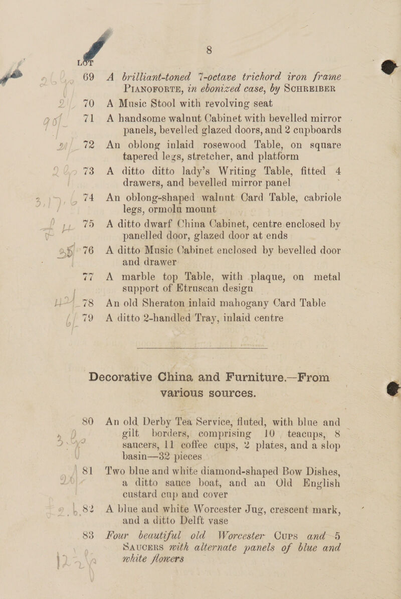 4 L 69 A Obrilliant-toned ‘-octave trichord iron frame PIANOFORTE, in ebonized case, by SCHREIBER 70 A Music Stool with revolving seat 71 A handsome walnut Cabinet with bevelled mirror panels, bevelled glazed doors, and 2 cupboards 72 An oblong inlaid rosewood Table, on square tapered legs, stretcher, and platform 73 &lt;A ditto ditto lady’s Writing Table, fitted 4 drawers, and bevelled mirror panel ; legs, ormola mount 75 A ditto dwarf China Cabinet, centre enclosed by panelled door, glazed door at ends 76 &lt;A ditto Music Cabinet enclosed by bevelled door and drawer 77 A marble top Table, with plaque, on metal support of Etruscan design — 9 A ditto 2-handled Tray, inlaid centre eS EEE SS Eee Decorative China and Furniture.—From various sources. gilt, borders, comprising 10. teacups, 8 saucers, 11 coffee cups, 2 plates, and a slop basin—32 pieces — a ditto sauce boat, and an Old English custard cup and cover and a ditto Delft vase 83 Four beautiful old Worcester Curs and—5 SAUCERS with alternate panels of blue and white flowers  