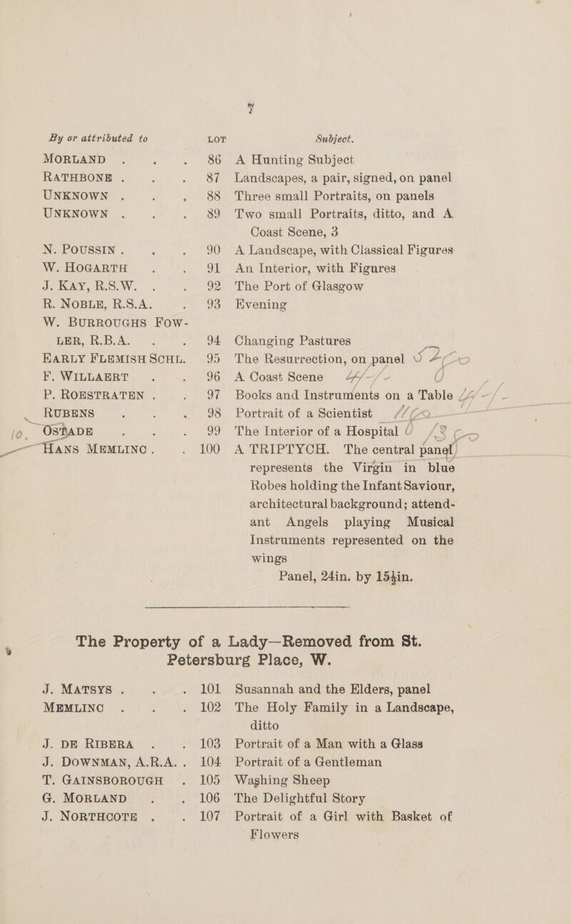 a MORLAND RATHBONE . UNKNOWN UNKNOWN W. HOGARTH Jo KAY, RSW. R. NOBLE, R.S.A. W. BURROUGHS Fow- LER, R.B.A. EARLY FLEMISH SCHL. F. WILLAERT P. ROESTRATEN . RUBENS A Hunting Subject Landscapes, a pair, signed, on panel Three small Portraits, on panels Two small Portraits, ditto, and A Coast Scene, 3 An Interior, with Figures The Port of Glasgow Kvening Changing Pastures } A Coast Scene “h/- U Portrait of a Scientist LAE Q) pay qos represents the Virgin in blue Robes holding the Infant Saviour, architectural background; attend- ant Angels playing Musical Instruments represented on the wings Panel, 24in. by 154in. i J. MATSYS . MEMLINCG J. DE RIBERA i J. DOWNMAN, A.R.A. . T. GAINSBOROUGH G. MORLAND J. NORTHCOTE 101 102 103 104 105 106 107 Susannah and the Elders, panel The Holy Family in a Landscape, ditto Portrait of a Man with a Glass Portrait of a Gentleman Waghing Sheep The Delightful Story Portrait of a Girl with Basket of Flowers