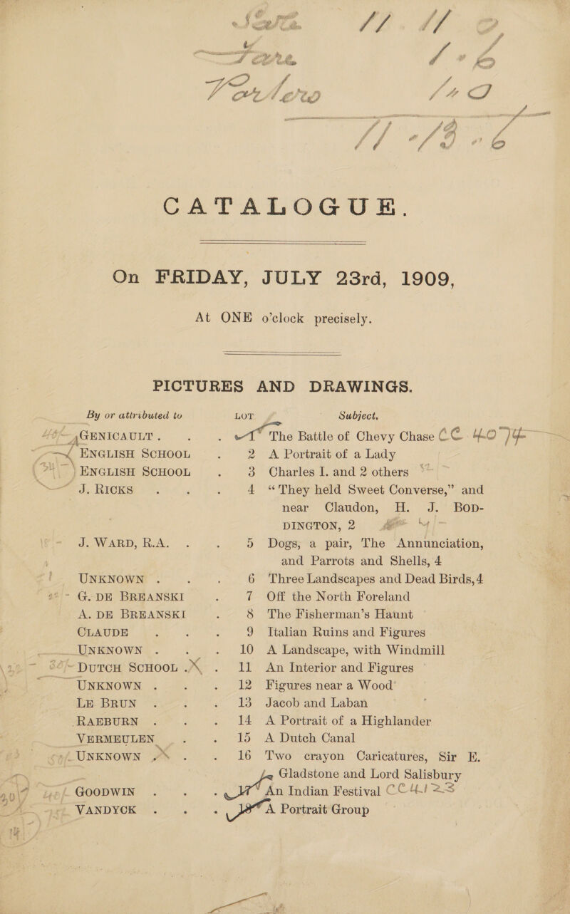 l Etre, a ff i V4 Ld Buy lp CFP G oat C4 shh” 7 f 4 wh f tei ff £rnr Fy fr ’ ci ¢ ¢ PA ho! or] CATALOGUE.  On FRIDAY, JULY 28rd, 1909, At ONE o’clock precisely.   PICTURES AND DRAWINGS. By or atiributed to Subject, eo UET:. ‘ ge? The Battle of Chevy Chase C C bh© “Ge 0 aa ENGLISH SCHOOL : 2 A Portrait of a Lady ? | ENGLISH SCHOOL ‘ 3 Charles I. and 2 others eee), RICKS > 7.) . 4 “They held Sweet Converse,” and | near Claudon, H. J. Bop- DINGTON, 2 .** Dogs, a pair, The Annunciation, and Parrots and Shells, 4 ' UNKNOWN . 6 Three Landscapes and Dead Birds, 4 2° - G. DE BREANSKI : 7 Off the North Foreland A. DE BREANSKI : S The Fisherman’s Haunt CLAUDE ‘ : : 9 Italian Ruins and Figures on UNKNOWN. . é . 10 A Landscape, with Windmill - 64-DurcH ScHoon .\ . 11 An Interior and Figures © ~ UNKNOWN . : . 12 Figures near a Wood’ Le BRUN . : . 13 Jacob and Laban -RAEBURN . : . 14 A Portrait of a Highlander VERMEULEN _ . . 15 A Dutch Canal -/ UNKNOWN on J. WARD, R.A. a . 16 Two crayon Caricatures, Sir E. ei: Gladstone and Lord Peas . GOODWIN. , : owthn Indian Festival CC 4! 2. th VANDYCK . j d Jara Portrait Group ry 1 atl } Uv \ P A py ig