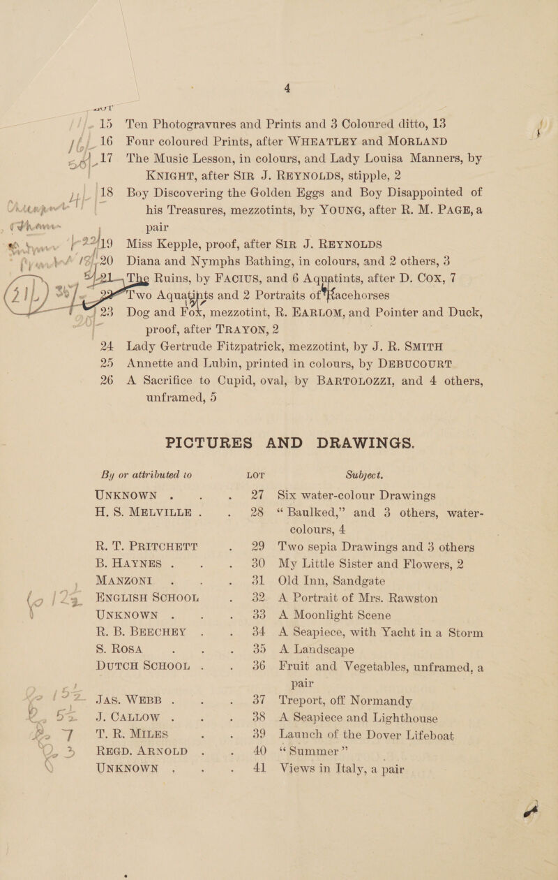 -15 Ten Photogravures and Prints and 3 Coloured ditto, 13 / f, __16 Four coloured Prints, after WHEATLEY and MORLAND _,4,17 The Music Lesson, in colours, and Lady Louisa Manners, by ; KNIGHT, after SIR J. REYNOLDS, stipple, 2 Boy Discovering the Golden Eggs and Boy Disappointed of his Treasures, mezzotints, by YOUNG, after R. M. PAGE, a pair Miss Kepple, proof, after SIR J. REYNOLDS Diana and Nymphs Bathing, in colours, and 2 others, 3 The Ruins, by FAcIUS, and 6 Aquatints, after D. Cox, 7 Two Aqua ubs and 2 Portraits of ‘Racehorses Dog and Fox, mezzotint, R. EARLOM, and Pointer and Duck, | proof, after TRAYON, 2 . 24 Lady Gertrude Fitzpatrick, mezzotint, by J. R. SMITH 2) Annette and Lubin, printed in colours, by DEBUCOURT 26 &lt;A Sacrifice to Cupid, oval, by BARTOLOZZI, and 4 others, unframed, 95  PICTURES AND DRAWINGS. By or attributed to LOT Subject. UNKNOWN . . 27 Six water-colour Drawings H. 8S. MELVILLE . . 28 “Baulked,” and 3 others, water- colours, 4 RD. PRTC Err . 29 Two sepia Drawings and 3 others B. HAYNES . : . 30 My Little Sister and Flowers, 2 . MANZONI. ol» Old Inn, Sandeste (, | 24. Eyeuise ScHoon . 82. A Portrait of Mrs. Rawston \ UNKNOWN . . 383 A Moonlight Scene R. B. BEECHEY . . . 4 A Seapiece, with Yacht in a Storm S. ROSA : A . 39 A Landscape DUTCH SCHOOL . . 936 Fruit and Vegetables, unframed, a ee pair : “sed 4 2. JAS. WEBB . : . 37 Treport, off Normandy v sae CLOW, ; . 938 A Seapiece and Lighthouse £ &gt;» | T. R. MILES , . 9 Launch of the Dover Lifeboat 3 REGp, Apnotp ..--.. . .40..Sitmmer” UNKNOWN , : . Al Views in Italy, a pair