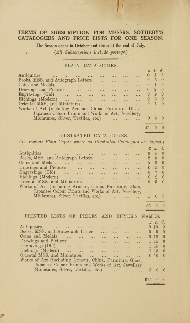 : (All Subscriptions include postage.)  PLAIN CATALOGUES. Antiquities “s Books, MSS. and Autograph 1 Letters Coins and Medals Drawings and Pictures ss Engravings (Old) Ktchings (Modern) . Oriental MSS. and Miniatures’... Works of Art (including Armour, China, “Furniture, ‘Glass, Japanese Colour Prints and Works of Art, J: owellery, Miniatures, Silver, Textiles, etc.) ; ILLUSTRATED CATALOGUES. maw worHak ¥ ane Antiquities Books, MSS. and Autograph 1 Letters Coins and Medals s Drawings and Pictures Engravings (Old) Etchings. (Modern) Oriental MSS. and Miniatures Works of Art (including Armour, China, Furniture, “Glass, Japanese Colour Prints and Works of Arid ewellery Miniatures, Silver, Textiles, etc.) GDaAnRnocoocooCOe Antiquities i Books, MSS. and Autograph 1 Letters Coins and Medals e. Drawings and Pictures _ Engravings (Old) Ktchings (Modern) Oriental MSS. and Miniatures Works of Art (including Armour, China, “Furniture, ‘Glass, Japanese Colour Prints and Works of AGE, od: ewellery Miniatures, Silver, Textiles, etc.) 