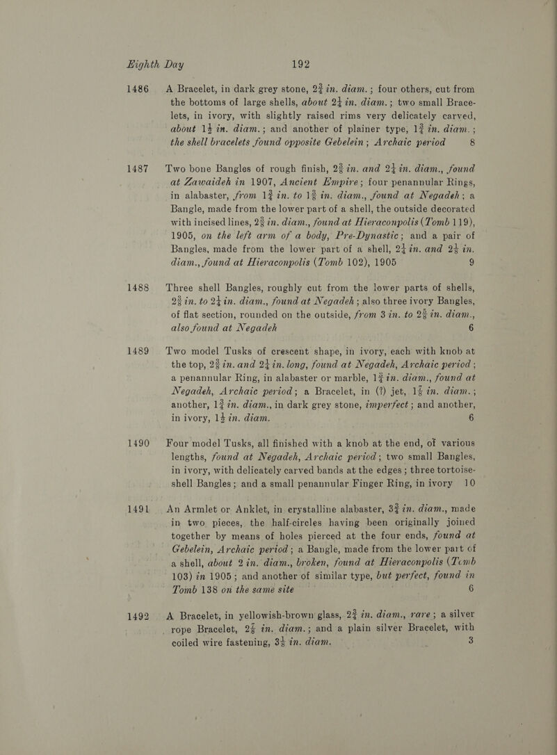 1486 1487 1488 1489 1490 1492 A Bracelet, in dark grey stone, 22%. diam. ; four others, cut from the bottoms of large shells, about 24 in. aaa two small Brace- lets, in ivory, with slightly raised rims very alin ls carved, about 14 in. diam.; and another of plainer type, 1} in. diam. ; the shell bracelets found opposite Gebelein; Archaic period 8 Two bone Bangles of rough finish, 227. and 247in. diam., found at Zawaideh in 1907, Ancient Hmpire; four penannular Rings, in alabaster, from l#in. to 1% in. diam., found at Negadeh: a Bangle, made from the lower part of a ent the outside decorated with incised lines, 2% 7m. diam., found at Hieraconpolis (Tomb 119), 1905, on the left arm of a body, Pre-Dynastic; and a pair of Bangles, made from the lower part of a shell, 24in. and 24 in. diam., found at Hieraconpolis (Tomb 102), 1905 9 Three shell Bangles, roughly cut from the lower parts of shells, 2% in. to 24in. diam., found at Negadeh ; also three ivory Bangles, of flat section, rounded on the outside, from 3 in. to 23 in. diam., also found at Negadeh 6 Two peur Tusks of crescent shape, in ivory, each with knob at the top, 22in. and 24 in. long, found at Negadeh, Archaic period ; a penannular Ring, in alabaster or marble, 1#1in. diam., found at Negadeh, Archaic period; a Bracelet, in (2) jet, 14 in. diam. ; another, 127%. diam., in dark grey stone, ¢mperfect ; and another, in ivory, 14 7n. diam. 6 Four model Tusks, all finished with a knob at the end, of various lengths, found at Negadeh, Archaic period; two small Bangles, in ivory, with delicately carved bands at the edges ; three tortoise- shell Bangles; and a small penannular Finger Ring, in ivory 10 An Armlet or Anklet, in erystalline alabaster, 3% 7. diam., made in two pieces, the half-circles having been originally joined together by means of holes pierced at the four ends, found at Gebelein, Archaic per ‘tod; a Bangle, made from the lower part of a shell, about 2 in. ‘diam., broken, found at Hieraconpolis (Tomb 103) in 1905; and another of similar type, but sea? found in Tomb 138 on the same site — 6 A Bracelet, in yellowish-brown glass, 2% in. diam., rare; a silver coiled wire fastening, 35 in. diam. _ 3