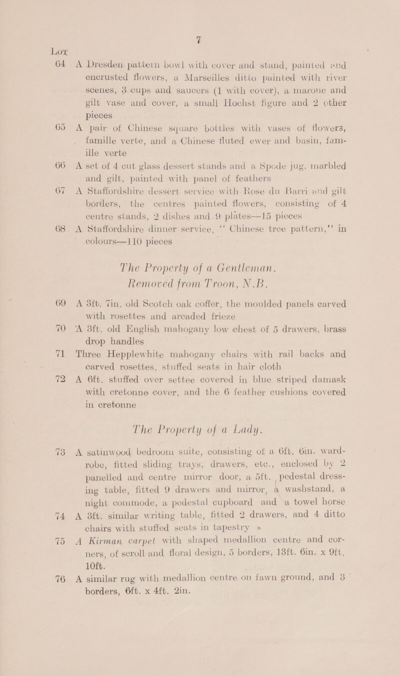 64 69 (si 72 76 7 A Dresden- pattern bowl with cover and stand, painted «nd encrusted flowers, a Marseilles ditto painted with river scenes, 38. Gups and saucers (1 with cover), a marone and gilt vase and cover, a small Hochst figure and 2 other pieces A pair of Chinese square bottles with vases of flowers, famille verte, and a-Chinese fluted ewer and basin, fam- ille verte A set of 4 cut glass dessert stands and a Spode jug, marbled and gilt, painted with panel of feathers A Staffordshire dessert service with Rose du Barri und gilt borders, the centres painted flowers, consisting of 4 centre stands, 2 dishes and_9 plates—15 pieces A Staffordshire dinner service, ‘‘ Chinese tree pattern,’’ In colours—110 pieces ; The Property of a Gentleman. Removed from Troon, N.B. A dft. Tin. old Scotch oak coffer, the moulded panels carved with rosettes and arcaded frieze ‘A 3ft. old Enghsh mahogany low chest of 5 drawers, brass drop handles | Three Hepplewhite mahogany chairs with rail backs and carved rosettes, stuffed seats in hair cloth A 6ft. stuffed over settee covered in blue striped damask with cretonne cover, and the 6 feather cushions covered in eretonne The Property of a Lady. A satinwood bedroom suite, consisting of a Oft. Gin. ward- robe, fitted sliding trays, drawers, etc., enclosed by 2 panelled and centre mirror door, a 5ft. pedestal dress- ing table, fitted 9 drawers and murror, a washstand, a night commode, a pedestal cupboard and a towel horse A 38ft. similar writing table, fitted 2 drawers, and 4 ditto chairs with stuffed seats in tapestry A Kirman, carpet with shaped medallion centre and cor- ners, of scroll and. floral design, 5 borders, 13ft. 6in. x 9ft, 10ft. A similar rug with medallion centre on fawn ground, and 3 _