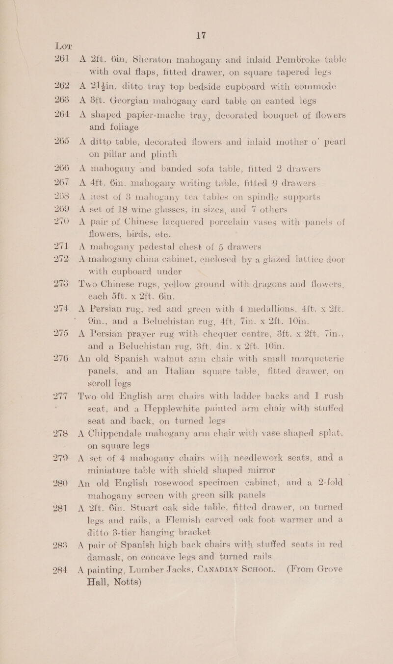 A 2ft. Gin, Sheraton mahogany and inlaid Pembroke table with oval flaps, fitted drawer, on square tapered legs A 214in. ditto tray top bedside cupboard with commode A dtt. Georgian inahogany card table on canted legs A shaped papier-mache tray, decorated bouquet of flowers and foliage | A ditto table, decorated flowers and inlaid mother o’ pearl on pillar and plinth A mahogany and banded sofa table, fitted 2 drawers A 4ft. Gin. mahogany writing table, fitted 9 drawers A nest of 8 mahogany tea tables on spindle supports A set of 18 wine glasses, in sizes, and 7 others A pair of Chinese lacquered porcelain vases with panels of flowers, birds, ete. A mahogany pedestal chest of 5 drawers A mahogany china cabinet, enclosed by a glazed lattice door with cupboard under Two Chinese rugs, yellow ground with dragons and flowers, each Sit. x 2ft. 6in. A Persian rug, red and green with 4 medallions, 4ft. x 2ft. 9in., and a Beluchistan rug, 4ft, Vin. x 2ft. 10in. A Persian prayer rug with chequer centre, 3ft. x 2ft. 7in., and a Beluchistan rug, 3ft. 4in. x 2ft. 10in. An old Spanish walnut arm chair with small marqueterie panels, and an Italian square table, fitted drawer, on scroll legs Two old English arm chairs with ladder backs and 1 rush seat, and a Hepplewhite painted arm chair with stuffed seat and back, on turned legs A Chippendale mahogany arm chair with vase shaped splat, on square legs A set of 4 mahogany chairs with needlework seats, and a miniature table with shield shaped mirror _ An old English rosewood specimen cabinet, and a 2-fold mahogany screen with green silk panels A 2ft. 6in. Stuart oak side table, fitted drawer, on turned legs and rails, a Flemish carved oak foot warmer and a ditto 3-tier hanging bracket A pair of Spanish high back chairs with stuffed seats in red damask, on coneave legs and turned rails A painting, Lumber Jacks, CANADIAN Scnoon. (From Grove Hall, Notts)