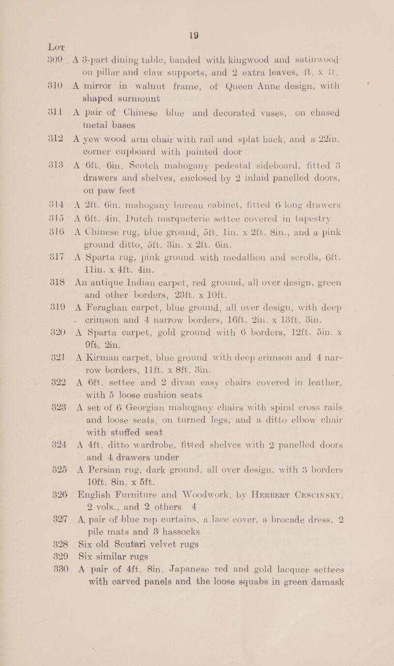 309 - 310 322 19 A 3-part dining table, banded with kingwood and satinwood on pillar and claw supports, and 2 extra leaves, ft. x it, A mirror in walnut frame, of Queen Anne design, with shaped surmount A pair of Chinese blue and decorated vases, on chased metal bases A yew wood arm chair with rail and splat back, and a 22in. corner Cupboard with painted door A -6ft. 6in. Scotch mahogany pedestal sideboard, fitted 3 drawers and shelves, enclosed by 2 inlaid panelled doors, on paw feet A 2ft. 6in. mahogany bureau cabinet, fitted 6 long drawers A 6ft. 4in. Dutch marqueterie settee covered in tapestry A Chinese rug, blue ground, dft, lin. x 2ft. 8in., and a pink eround ditto, dft. 8in. x 2ft. 6in. A Sparta rug, pink ground with medallion and scrolls, 6ft. llin. x 4ft. 4in. An antique Indian carpet, red ground, all over design, green and other borders, 23ft. x 1Oft. A Feraghan carpet, blue ground, all over design, with deep crimson and 4 narrow borders, 16f. 2in. x 18ft: 3in. A Sparta carpet, gold ground with 6 borders, 12ft. din. x Oft. Qin. A Kirman carpet, blue ground with deep crimson and 4 nar- row borders, 11ft. x 8ft. 3in. A 6ft. settee and 2 divan easy chairs covered in leather, with 5 loose cushion seats A set of 6 Georgian mahogany chairs with spiral cross rails and loose seats, on turned legs, and a ditto elbow chair with stuffed seat A 4ft. ditto wardrobe, fitted shelves with 2 panelled doors and 4; drawers under A Persian rug, dark ground, all over design, with 38 borders LO. Sins x 5ft. English Furniture and Woodwork, by Herpurr Crscinsry, 2 vols., and 2 others 4 A, pair of blue rep curtains, a lace cover, a brocade dress, 2 pile mats and 3) hassocks Six old Scutari velvet rugs Six similar rugs A pair of 4ft. 8in. Japanese red and gold lacquer settees with carved panels and the loose squabs in green damask