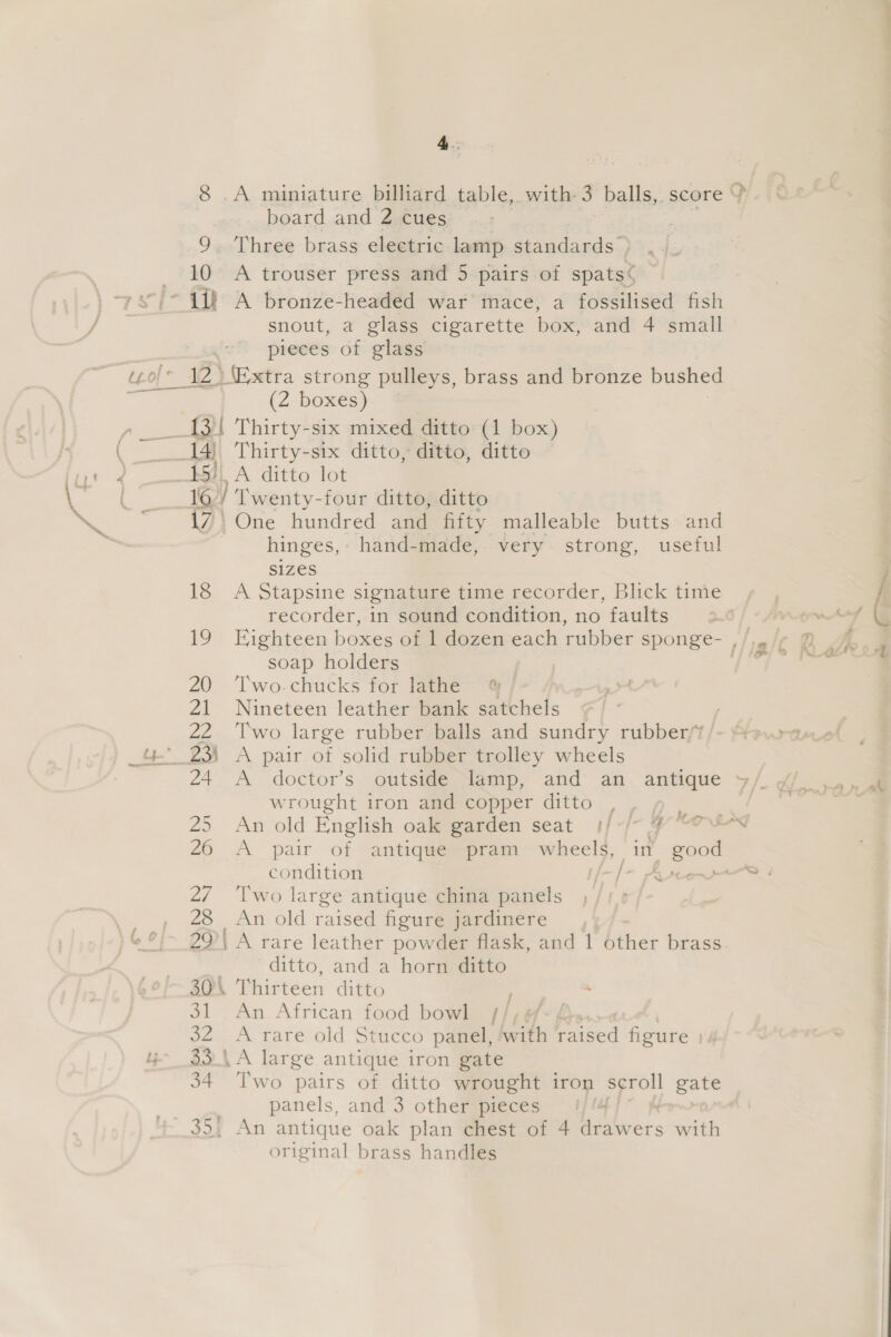 8 .A miniature billiard table, with-3 balls, score © board and 2 cues: 9. Three brass electric lamp standards © 10 A trouser press and 5 pairs of spats¢ “iii A bronze-headed war’ mace, a fossilised fish snout, a glass cigarette box, and 4 small pieces of glass tof 12) Extra strong pulleys, brass and bronze bushed (2 boxes) _13! Thirty-six mixed ditto (1 box) 14 Thirty-six ditto, ditto, ditto 15/| A ditto lot lo/ ‘Twenty-four ditto, ditto 17 One hundred and fifty malleable butts and hinges,: hand-made, very strong, useful SIZeS 18 A Stapsine signature time recorder, Blick time recorder, in sound condition, no faults soap holders 20 ‘Two.chucks for lathe @ 21 Nineteen leather bank satchels | | 22 Two large rubber balls and sundry rubber/? 4 23) A pair of solid rubber trolley wheels 2 wrought iron and copper ditto hy 25 An old English oak garden seat 1/-/~ ¥°®@ LAX 26 A pair of antique pram wheels, in good condition tf—l/—- Aircon 2/7 ‘Two large antique china panels 28 An old raised figure jardinere 29 | A rare leather powder flask, and 1 other brass | ditto, and a horn ditto 30\ Thirteen ditto on en, African food bowl | 32, A tare old Stucco pamel, with raised figure | 4 83\ A large antique iron gate 34. Two pairs of ditto wrought iron scroll gate panels, and 3 other pieces 4 35, An antique oak plan chest of 4 drawers with original brass handles