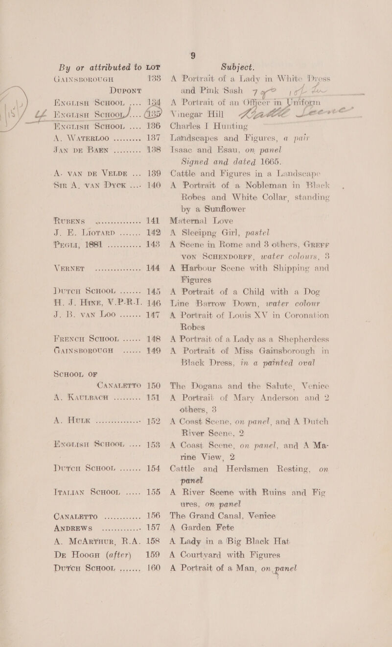 GAINSBOROUGH 135 Dupont ENGLISH ‘SCHOOL .... Ex \GLISH SCHOO 154 ENGLISH SeRbot: ic haw AY OW ATBERLOO 205.0003 SAT JAN DE WARN -......... 13 A. VAN DE VELDE 139 Srr A. ‘van Dyex .... 140 MRE S Apu chen cee coon 144. ye ob LGOPARD osc. <5: 142, Prot) WG4 ........... 143 ENGD .cceecse cus 144 Dwpren SCHOOL ..../.: 145 H. J. Hane, V.P-R-I. 146 els VAN. 00> 6... 2s 147 FRENCH SCHOOL ...... 148 GAINSBOROUGH “00... 149 ScHOOL OF CANALETTO 150 N RACDRWOM . ole. 151 RS TARR ee as 152 ENGLISH SCHOOL .... 153 DurcH SCHOOL :...... 154 ITALIAN SCHOOL ..... 155 CANALB PRO «i ools.0ede.- 156 ANDREWS Gacso... He Sy A. McArruur, R.A. 158 Dr Hooen (after) 159 Dutcu ScHoor ,,,.... 160 9 | A Portrartt ofa, Lady m White Dress and Pink Sash 7a? jo ¢ Ln A Portrait OL an Officer a Uniform Vinegar Hill Charles I Hunting Landscapes and Figures, a Isaac and sau, on panel Signed and dated 1665. Cattle and Figures in a Landscape A Portrait of a Nobleman in Black Robes and White Collar, by a Sunflower Maternal Love parr standing A Sleeipng Girl, pastel A Seene in Rome and 3 others, VON SCHENDORFF, water A Harbour Scene with Shipping and Figures A Portrait of a Child with a Dog Line Barrow Down, water colour A Portrait of Louis XV in Coronation Robes A Portrait of a Lady as a Shepherdess A Portrait of Miss Gaimsborough in Black Dress, GREFF colours, 8 in a painted oval Venice and 2 The Dogana and the Salute, A Portrait of Mary Anderson others, 3 A Coast Scene, on panel, and A Dutch River Scene, 2 A Coast Scene, on panel, and A Ma- rine View, 2 Cattle and Herdsmen Resting, on panel A River Scene with Ruims and Fig ures, on panel The Grand Canal, Venice A Garden Fete A Lady in a ‘Big Black Hat A Courtyard with Figures A Portrait of a Man, on panel ) P te