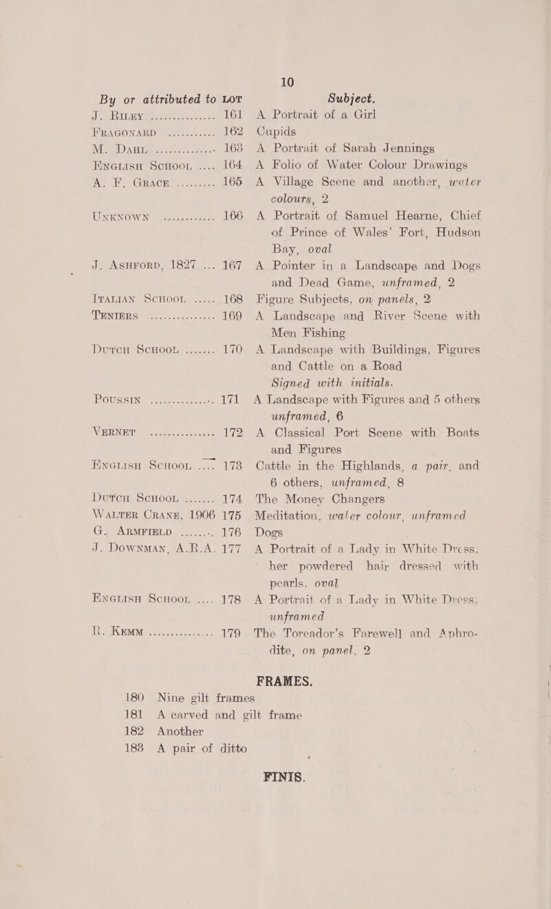 8) LE LE Via Pee eee ee 161 ERAGON ARuD Pyne tas ee 162 VE ee DAT Cee etic: 163 Eneuise ScHoor ...: 164 AD EL GRACE 4.00... 165 LENTON OWN hice cee sce 166 J. ASHFORD, 1827 ... 167 IPATLIAN Oo CHOOU —.0.2L608 CENTER amet yiceeie ee 169 Diurenes CHOOs 4.46. 170 POUGSING= rueecren iva VR Nien eee oe 7D fineliso Scnoor .... 173 DUSCH? SCHOOL: 174 WALTER CRANE, 1906 175 Cle AMPINGD eee 1G J. Downman, A.R.A. 177 10 A Portrait of a Girl Cupids A Portrait of Sarah Jennings A Folio of Water Colour Drawings A Village Scene and another, water colours, 2 A Portrait of Samuel Hearne, Chief of Prince of Wales’ Fort, Hudson Bay, oval A Pointer in a Landscape and Dogs and Dead Game, unframed, 2 Figure Subjects, on panels, 2 A Landscape and River Scene with Men Fishing A Landscape with Buildings, Figures and Cattle on a Road | Signed with initials. A Landscape with Figures and 5 others unframed, 6 A Classical Port Scene with Boats and Figures Cattle in the Highlands, a pair, and 6 others, unframed, 8 The Money Changers Meditation, water colour, unframed Dogs A Portrait of a Lady in White Dress, her powdered hair dressed with pearls, oval A Portrait of a Lady in White Dress, unframed The Toreador’s Farewell and Aphro- dite, on panel, 2 FRAMES. EnetisH Scuoor .... 178 ERAN IM Micmac 179 180 Nine gilt frames 181 A carved and gilt frame 182 Another 183. A pair of ditto FINIS.
