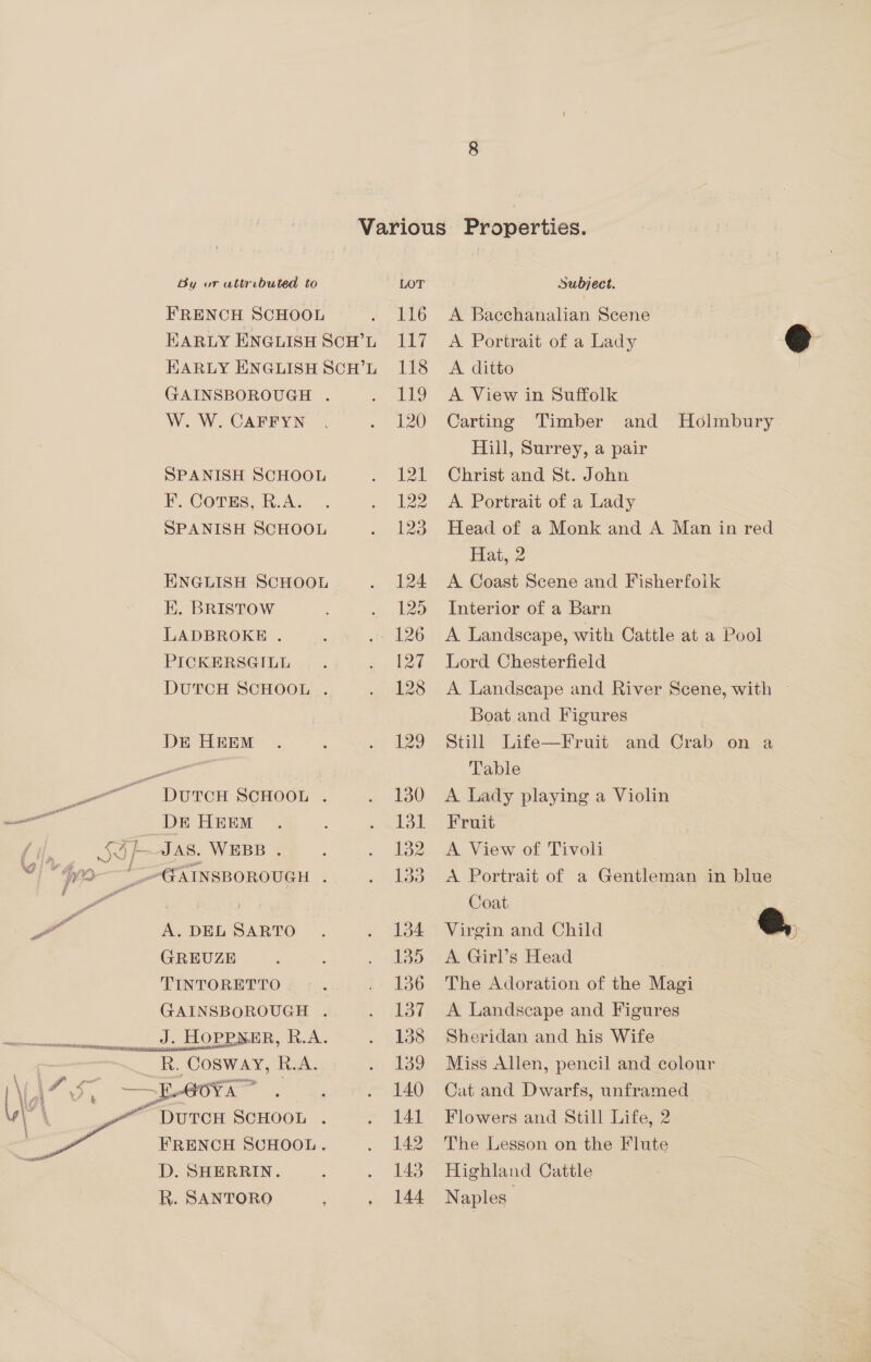Various Properties. By or attributed to LOT Subject. FRENCH SCHOOL . 116 A Bacchanalian Scene , EARLY ENGLISH SCH’L 117 A Portrait of a Lady @ HARLY ENGLISH SCH’L 118 A ditto | GAINSBOROUGH . . 119 A View in Suffolk W. W. CAFFYN . . 120 Carting Timber and Holmbury Hill, Surrey, a pair SPANISH SCHOOL . 121 Christ and St. John ¥. COTES, R.A. . . 122 A Portrait of a Lady SPANISH SCHOOL . 123 Head of a Monk and A Man in red Hat,2 ENGLISH SCHOOL . 124 A Coast Scene and Fisherfoik E. BRISTOW . 125 Interior of a Barn LADBROKE . . 126 A Landscape, with Cattle at a Pool PICKERSGILL . . 127 Lord Chesterfield DUTCH SCHOOL . . 128 A Landscape and River Scene, with ~ Boat and Figures ! DE HEEM . : . 129 Still Life—Fruit and Crab on a eet Table _—~ DurcH SCHOOL . . 130 A Lady playing a Violin nal DR REM Ge. Lola) eee ; SSf Jas. WEBB . : . 182 A View of Tivoli 4) Gp AINSBOROUGH . . 133 A Portrait of a Gentleman in blue at i ot Coat Or A. DEL SARTO . . Sse Virein and. Child @, GREUZE : . 1385 A Girl’s Head TINTORETTO ‘ . 136 The Adoration of the Magi GAINSBOROUGH . . 137 A Landscape and Figures ciettinitinas 2.) LOPE ER, R.A. . 138 Sheridan and his Wife ines Cosway, R.A. . 189 Miss Allen, pencil and colour \ Sion — E-60A . . . 140 Cat and Dwarfs, unframed , ““ DutcH SCHOOL . ~~. +141 Flowers and Still Life, 2 5 FRENCH SCHOOL. . 142 The Lesson on the Flute ie: D.SHERRIN. . . 143 Highland Cattle R. SANTORO , , 144 Naples