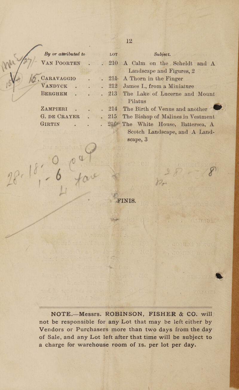 12 Cc By or attributed to LOT Subject. Wk yy dj VAN POORTEN . . 210 A.Calm. on the. Scheldt and A   YF \s* Landscape and Figures, 2 \ if, ~ CARAVAGGIO . . 21% A Thorn in the Finger [? , _ VANDYCK . } . 212 James I., from a Miniature os ae BERGHEM . : . 21377 The Lalép of Lucerne and Mount. L“ Pilatus ZAMPIERI . : . 214 The Birth of Venus and another ~ oo G. DE CRAYER . . 215 The Bishop of Malines in Vestment GIRTIN ; 4 . OL The White House, Battersea, A Scotch Landscape, and A Land- scape, 3 » | | , | Pa ea | # ; &amp; wef fy pes * 9, a 4h BA don’ Fd f } e 4 wi g p : -FINIS   NOTE.—Messrs. ROBINSON, FISHER &amp; CO. will not be responsible for any Lot that may be left either by Vendors or Purchasers more than two days from the day of Sale, and any Lot left after that time will be subject t¢ to a charge for warehouse room of Is. per lot per day. 