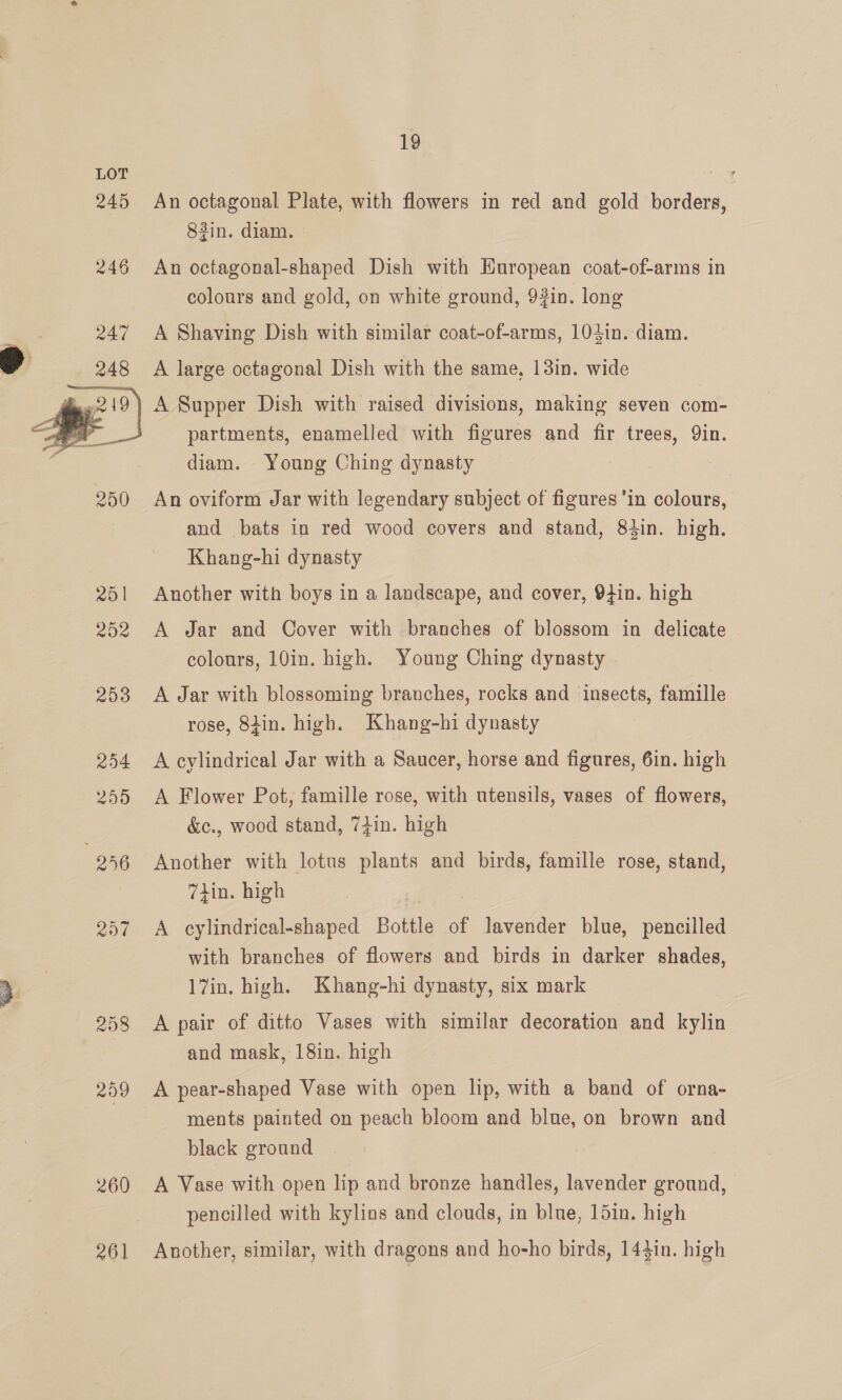  258 259 260 261 19 An octagonal Plate, with flowers in red and gold borders, 83in. diam. An octagonal-shaped Dish with Huropean coat-of-arms in colours and gold, on white ground, 9#in. long A Shaving Dish with similar coat-of-arms, 104in. diam. A large octagonal Dish with the same, 13in. wide A Supper Dish with raised divisions, making seven com- partments, enamelled with figures and fir trees, Qin. diam. Young Ching dynasty An oviform Jar with legendary subject of figures ‘in colours, and bats in red wood covers and stand, 84in. high. Khang-hi dynasty Another with boys in a landscape, and cover, 9+in. high A Jar and Cover with branches of blossom in delicate colours, 10in. high. Young Ching dynasty A Jar with blossoming branches, rocks and insects, famille rose, 8iin. high. Khang-hi dynasty A cylindrical Jar with a Saucer, horse and figures, 6in. high A Flower Pot, famille rose, with utensils, vases of flowers, &amp;c., wood stand, 7+in. high Another with lotus plants and birds, famille rose, stand, 7tin. high , A cylindrical-shaped Bottle of lavender blue, pencilled with branches of flowers and birds in darker shades, 17in. high. Khang-hi dynasty, six mark A pair of ditto Vases with similar decoration and kylin and mask, 18in. high A pear-shaped Vase with open lip, with a band of orna- ments painted on peach bloom and blue, on brown and black ground A Vase with open lip and bronze handles, lavender ground, pencilled with kylins and clouds, in blue, 151in. high Another, similar, with dragons and ho-ho birds, 143in. high