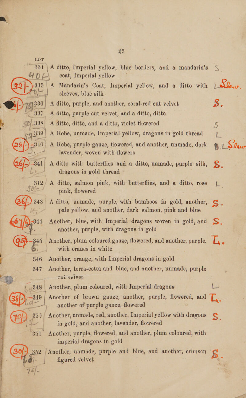 raat 3; ’ 7a Sle ty. 338. = | . S55 see )841 iar } fy S : 318 /   “348. ‘351 | Gop) as   25 A ditto, Imperial yellow, blue borders, and a mandarin’s coat, Imperial yellow ~ A Mandarin’s Coat, Imperial yellow, and a ditto with sleeves, blue silk A ditto, purple, and another, coral-red cut velvet A ditto, purple cut velvet, and a ditto, ditto A ditto, ditto, and a ditto, violet flowered A Robe, unmade, Imperial yellow, dragons in gold thread _ A Robe, purple gauze, flowered, and another, unmade, dark lavender, woven with flowers ; A ditto with butterflies and a ditto, mampsle, purple silk, dragons in gold thread A ditto, salmon pink, with butterflies, and a ditto, rose pink, flowered pale yellow, and another, dark salmon, pink and blue Another, blue, with Imperial dragons woven in gold, and another, purple, with dragons in gold with cranes in white Another, orange, with Imperial dragons in gold Another, terra-cotta and blue, and another, unmade, purple cuu velvet Another, plam coloured, with Imperial dragons Another of brown gauze, another, purple, another of purple gauze, flowered Another, purple, flowered, and another, plum coloured, with imperial dragons in gold vas figured velvet
