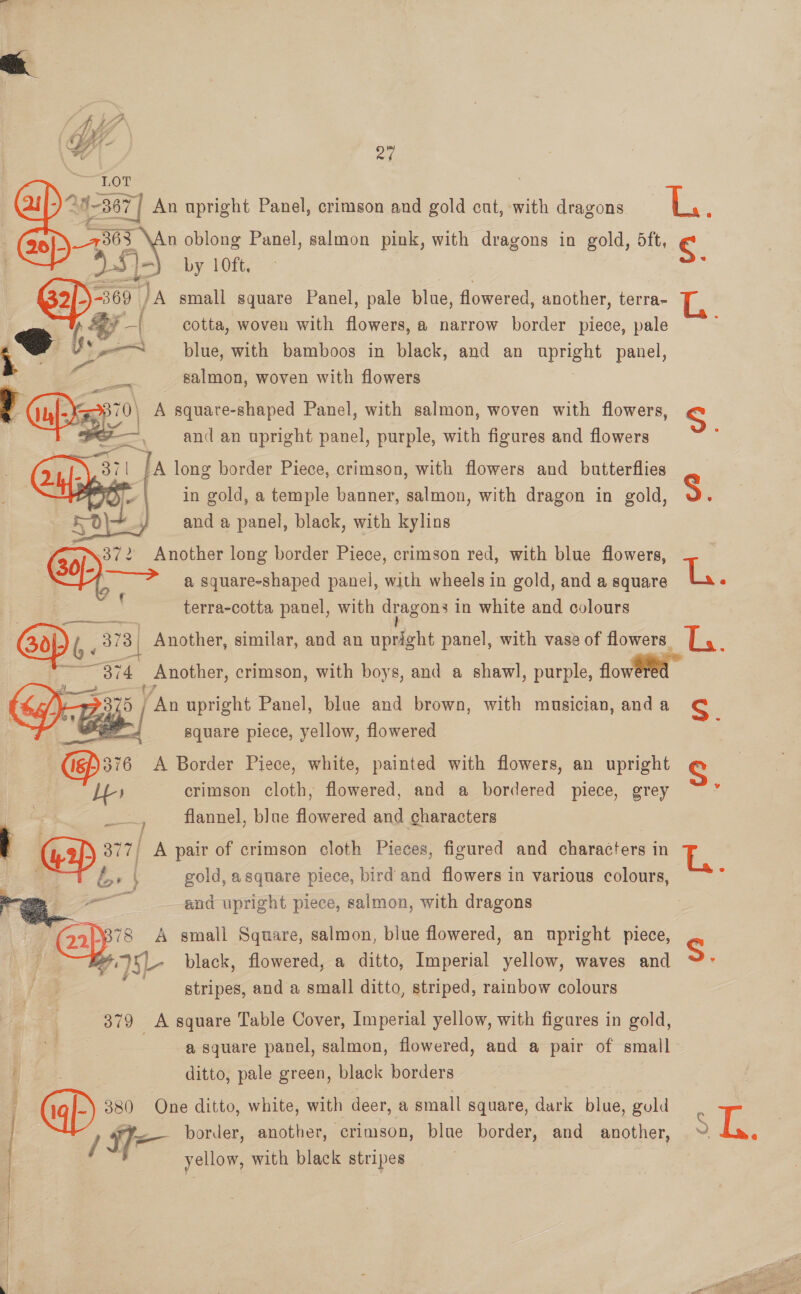  ai a 3 )An-367] An upright Panel, crimson and gold cnt, with dragons ies ; trot oblong Panel, salmon pink, with dragons in gold, 5ft, ¢ | 25 }- by 10ft. : G2f)369 Ja small square Panel, pale blue, flowered, another, terra- L pe ¥ cotta, woven with flowers, a narrow border piece, pale ; oe J*.—— blue, with bamboos in black, and an upright panel, SS salmon, woven with flowers | Pap 3870\ A square-shaped Panel, with salmon, woven with flowers, Cubes?) S. — and an upright panel, purple, with figures and flowers  EO   7 la long border Piece, crimson, with flowers and butterflies De in gold, a temple banner, salmon, with dragon in gold, 5 ; F0\- and a panel, black, with kylins ; GoD 372 Another long border Piece, crimson red, with blue flowers, ‘ > a square-shaped panel, with wheels in gold, and a square L ° SB aa terra-cotta panel, with dragons in white and colours bs 373 | Another, similar, and an upright panel, with vase of flowers. os 374 Another, crimson, with boys, and a shawl, purple, flow — i? . . oes 9375 / An upright Panel, blue and brown, with musician, and a S Sie | square piece, yellow, flowered    (igh) 376 A Border Piece, white, painted with flowers, an upright c Lt crimson cloth, flowered, and a bordered piece, grey _, flannel, blue flowered and characters } Gp 77; A pair of crimson cloth Pieces, figured and characters in | gold, asquare piece, bird and flowers in various colours, re i and upright piece, salmon, with dragons | Gays A small Square, salmon, blue flowered, an upright piece, A e We black, flowered, a ditto, Imperial yellow, waves and stripes, and a small ditto, striped, rainbow colours = 379 A square Table Cover, Imperial yellow, with figures in gold, a square panel, salmon, flowered, and a pair of small Bg 4. ditto, pale green, black borders @P 380 One ditto, white, with deer, a small square, dark blue, guld / i border, another, crimson, blue border, and another, ~ i. yellow, with black stripes Sa a ca ee