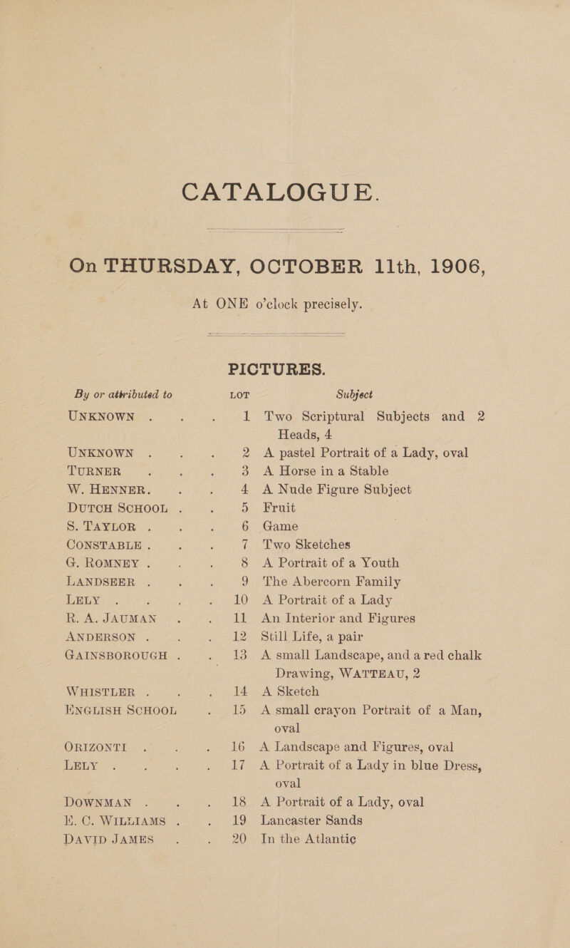 CATALOGUE.  On THURSDAY, OCTOBER 11th, 1906, At ONE o’clock precisely. PICTURES. By or attributed to LOT Subject UNKNOWN . 1 Two Scriptural Subjects and 2 Heads, 4 UNKNOWN 2 A pastel Portrait of a Lady, oval TURNER 3 A Horse in a Stable W. HENNER. ; ; 4 A Nude Figure Subject DUTCH SCHOOL . ‘ > Fruit S. TAYLOR 6 Game CONSTABLE . 7 Two Sketches G. ROMNEY . 8 <A Portrait of a Youth LANDSEER 5 9 The Abercorn Family BG. «: : ~ 40. A Portrait. of a Lady R.A. JAUMAN . . 11 An Interior and Figures ANDERSON . ~ 12. Stillibite, a pair GAINSBOROUGH . . 13 A small Landscape, and a red chalk Drawing, WATTEAU, 2 WHISTLER . . 14 A Sketch ENGLISH SCHOOL . 15 <A small crayon Portrait of a Man, oval ORIZONTI . ; . 16 A Landscape and Figures, oval Tay; : ’ . 17 A Portrait of a Lady in blue Dress, oval DOWNMAN . y . 18 A Portrait of a Lady, oval Ki, C. WILUIAMS . . 19 Lancaster Sands DAVID JAMES . 20 In the Atlantic