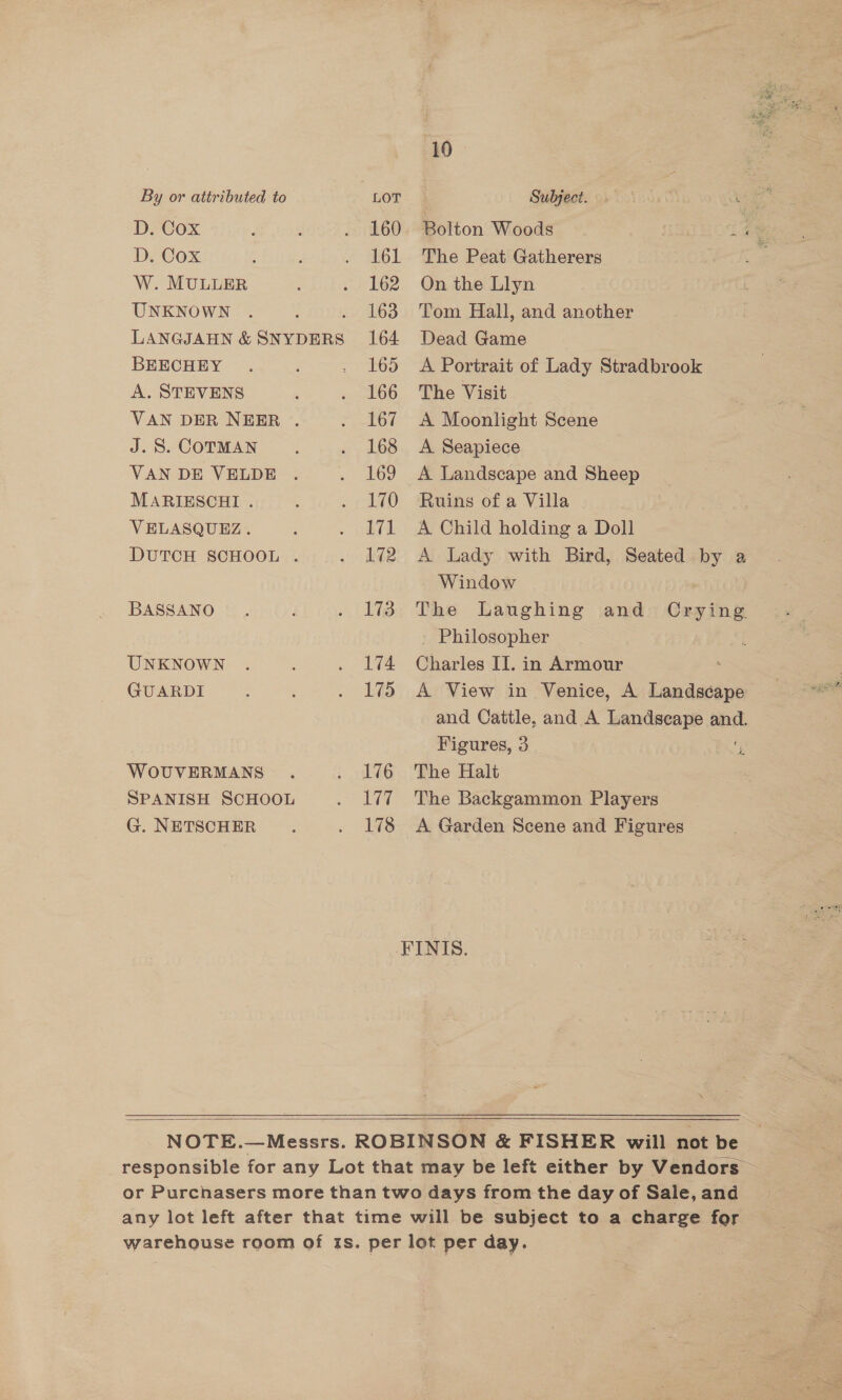 D. Cox D. Cox W. MULLER UNKNOWN LANGJAHN &amp; iets BEECHEY A. STEVENS VAN DER NEER . J. 8S. COTMAN VAN DE VELDE MARIESCHI . VELASQUEZ. DUTCH SCHOOL . BASSANO UNKNOWN GUARDI WOUVERMANS SPANISH SCHOOL G. NETSCHER 160 161 162 163 164 165 166 167 168 169 170 171 172 173 174 175 176 Tq 178  19 Bolton Woods ee The Peat Gatherers 4 On the Llyn Tom Hall, and another Dead Game A Portrait of Lady Stradbrook The Visit A Moonlight Scene A Seapiece A Landscape and Sheep Ruins of a Villa A Child holding a Doll A Lady with Bird, Seated by a Window The Laughing and Crying Philosopher Charles II. in Armour A View in Venice, A landasene and Cattle, and A Landscape and. Figures, 3 7 The Halt . The Backgammon Players A Garden Scene and Figures